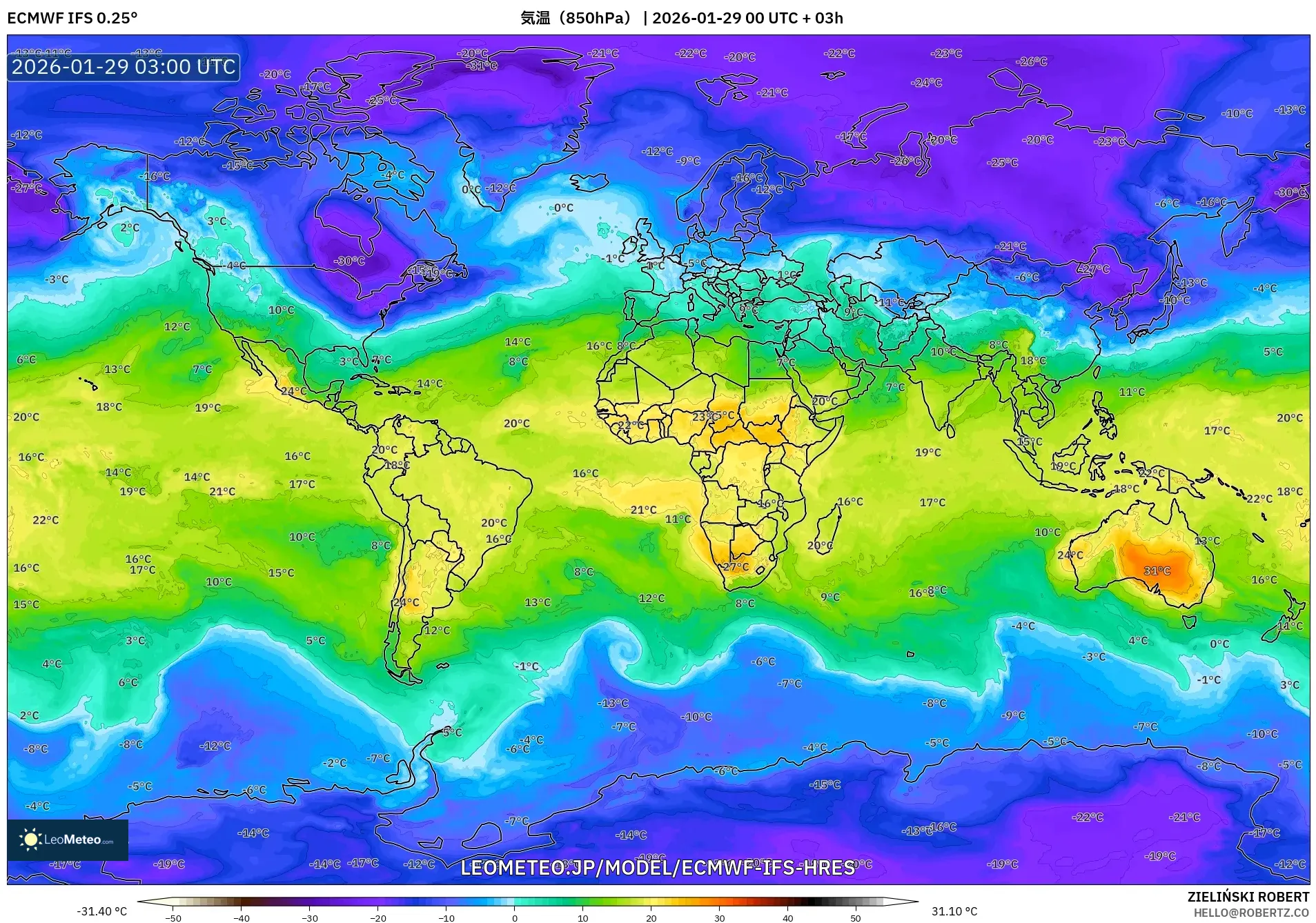 ECMWF IFS 0.25° model - 世界, 気温（850hPa）