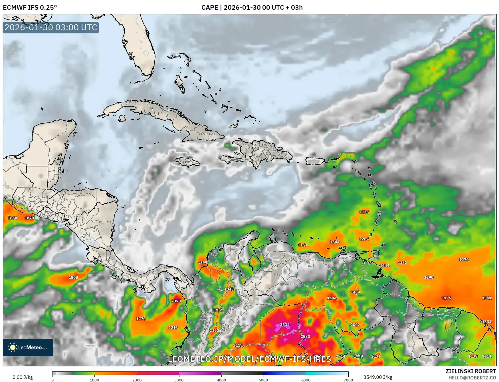 ECMWF IFS 0.25° model - カリブ海, CAPE