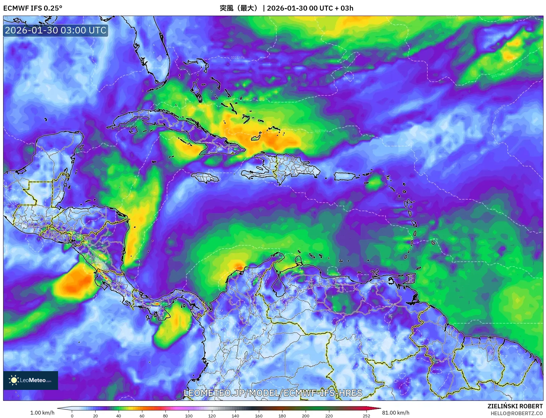 ECMWF IFS 0.25° model - カリブ海, 突風（最大）