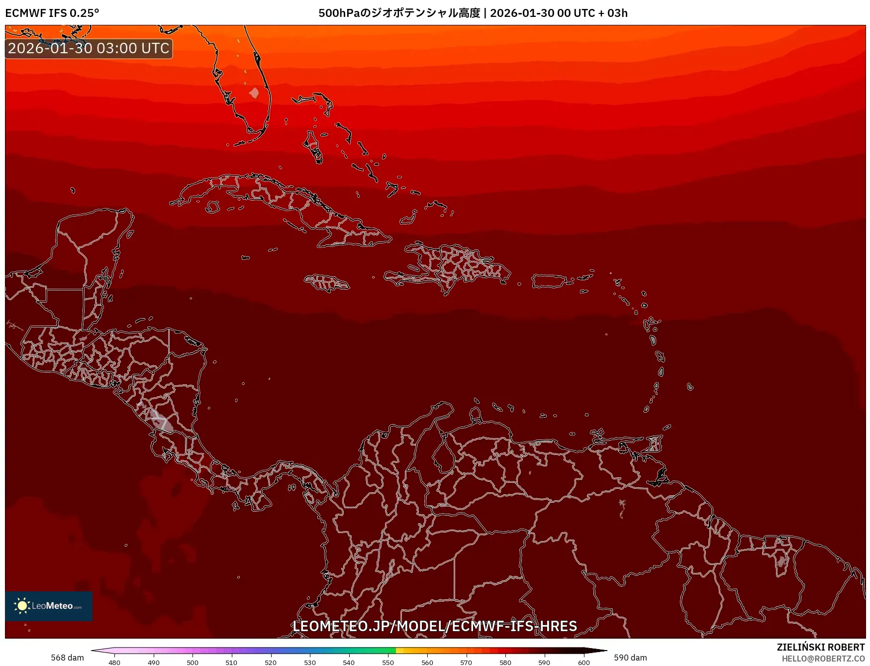 ECMWF IFS 0.25° model - カリブ海, 500hPaのジオポテンシャル高度