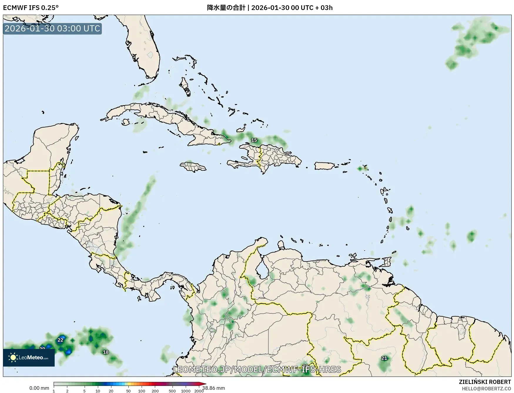 ECMWF IFS 0.25° model - カリブ海, 降水量の合計