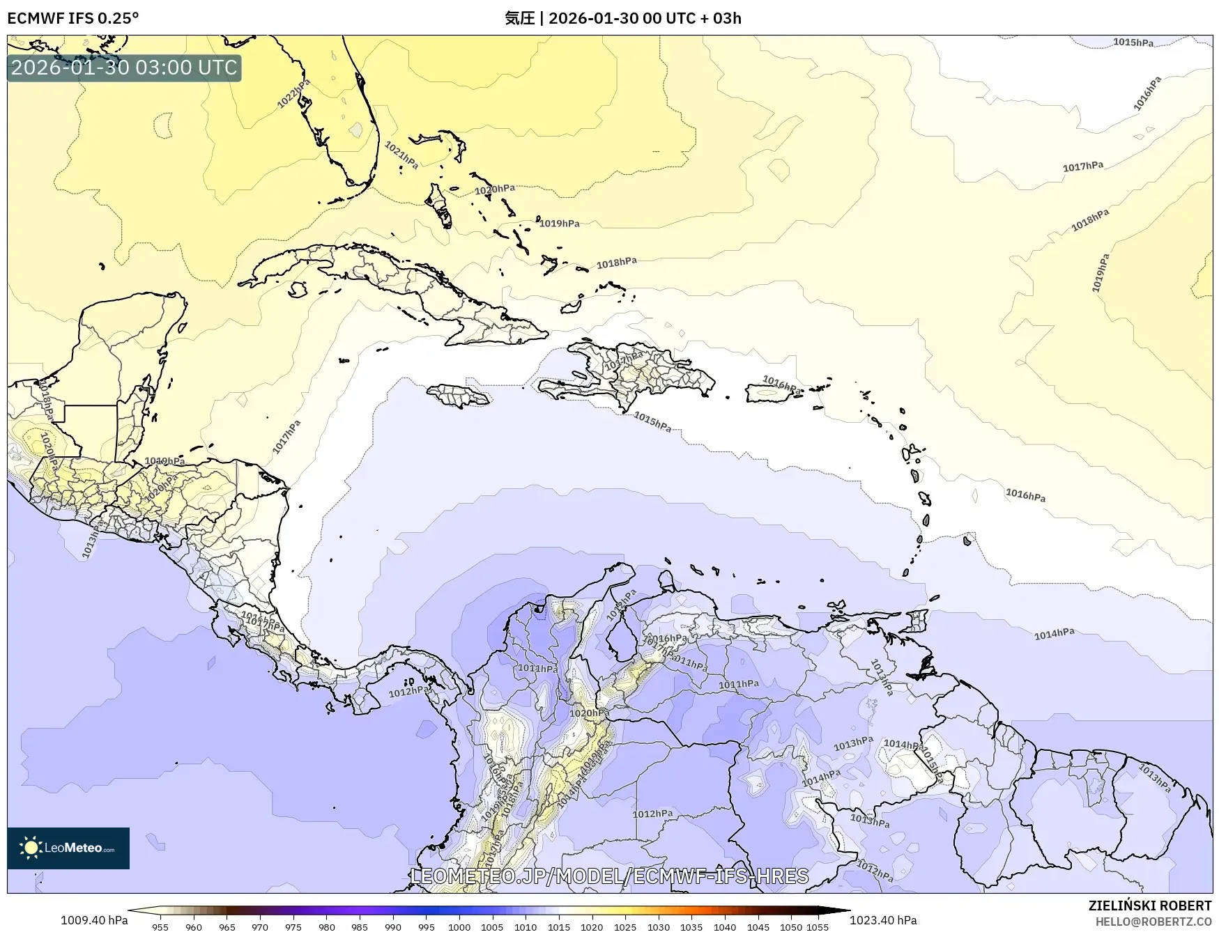 ECMWF IFS 0.25° model - カリブ海, 気圧