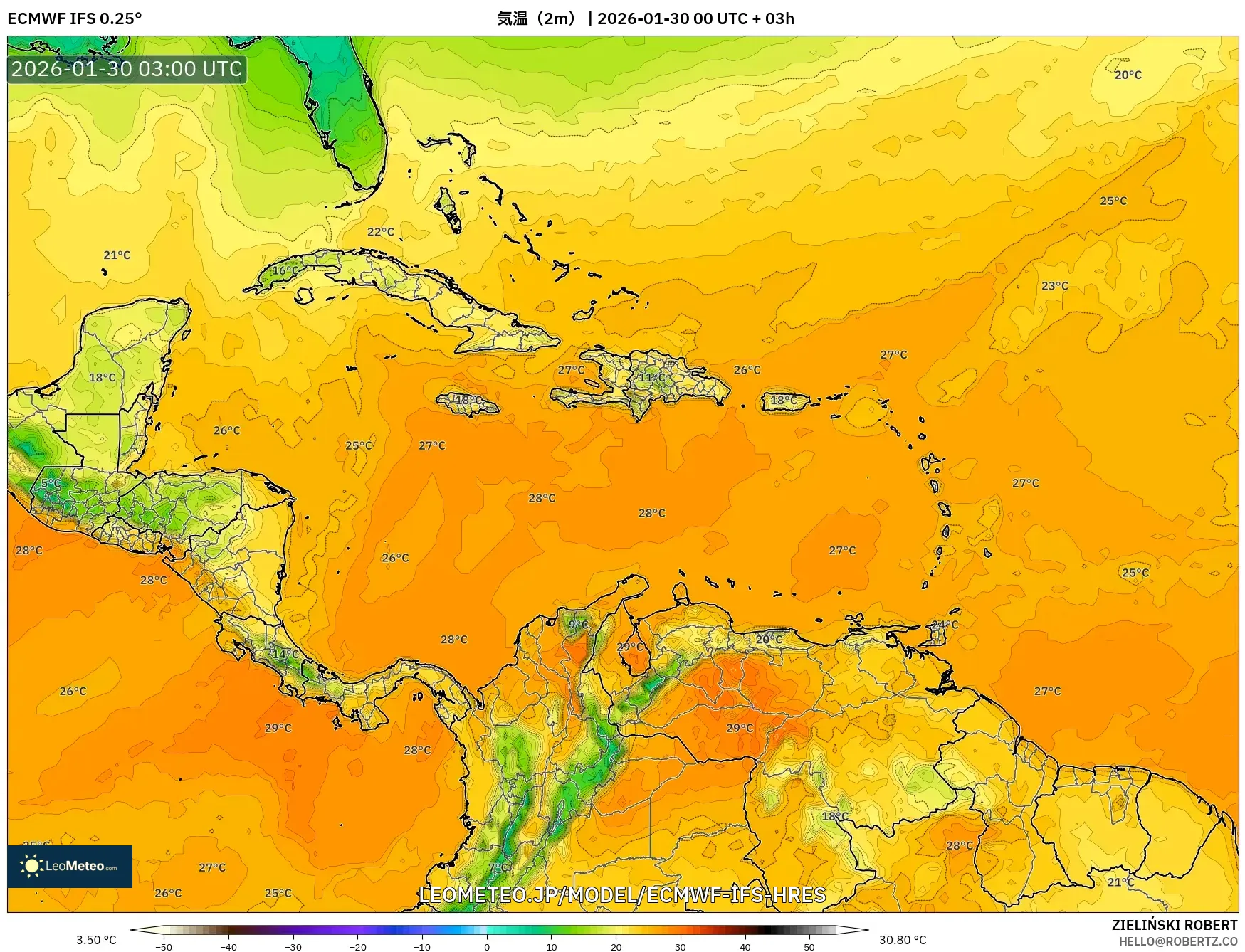 ECMWF IFS 0.25° model - カリブ海, 気温（2m）