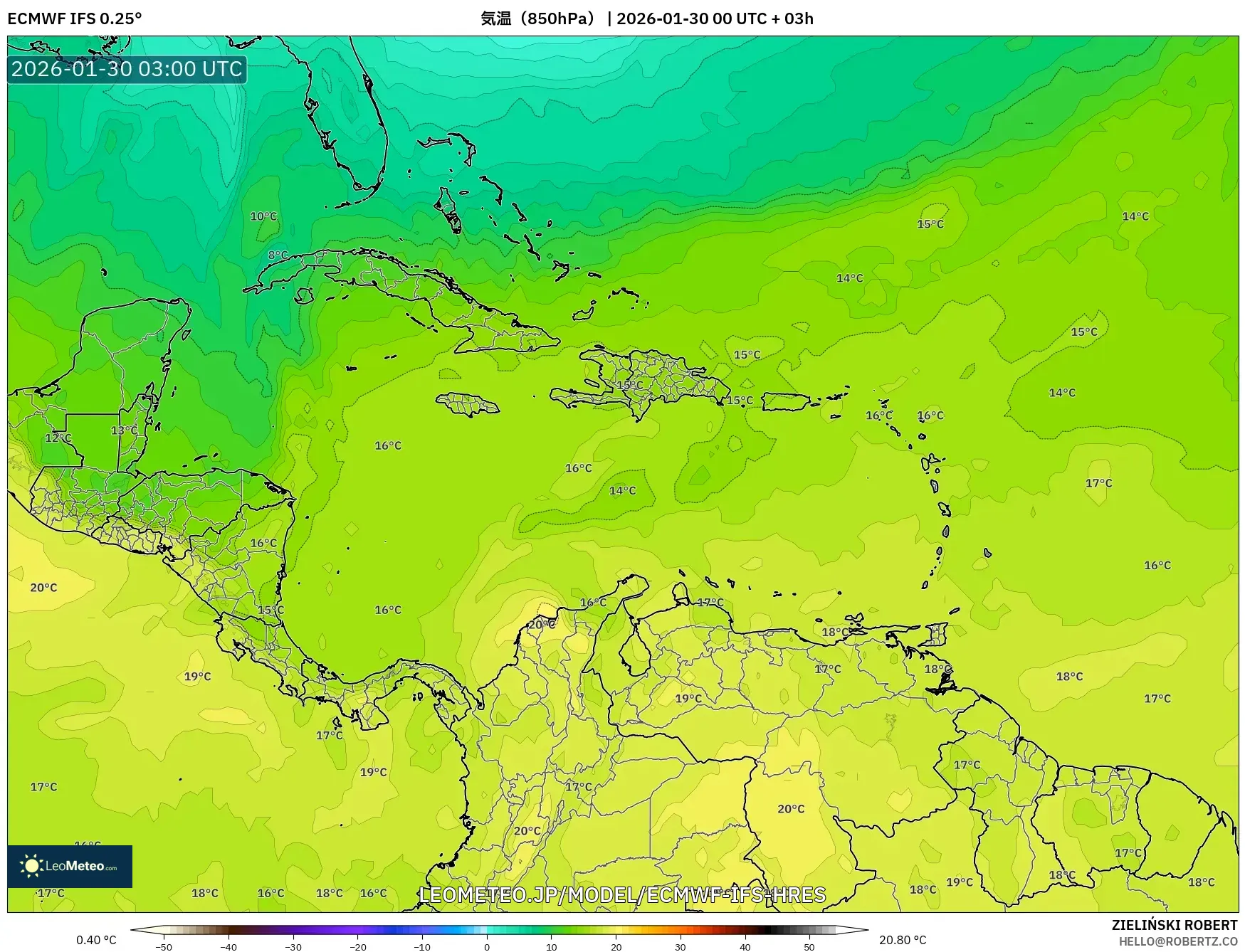 ECMWF IFS 0.25° model - カリブ海, 気温（850hPa）