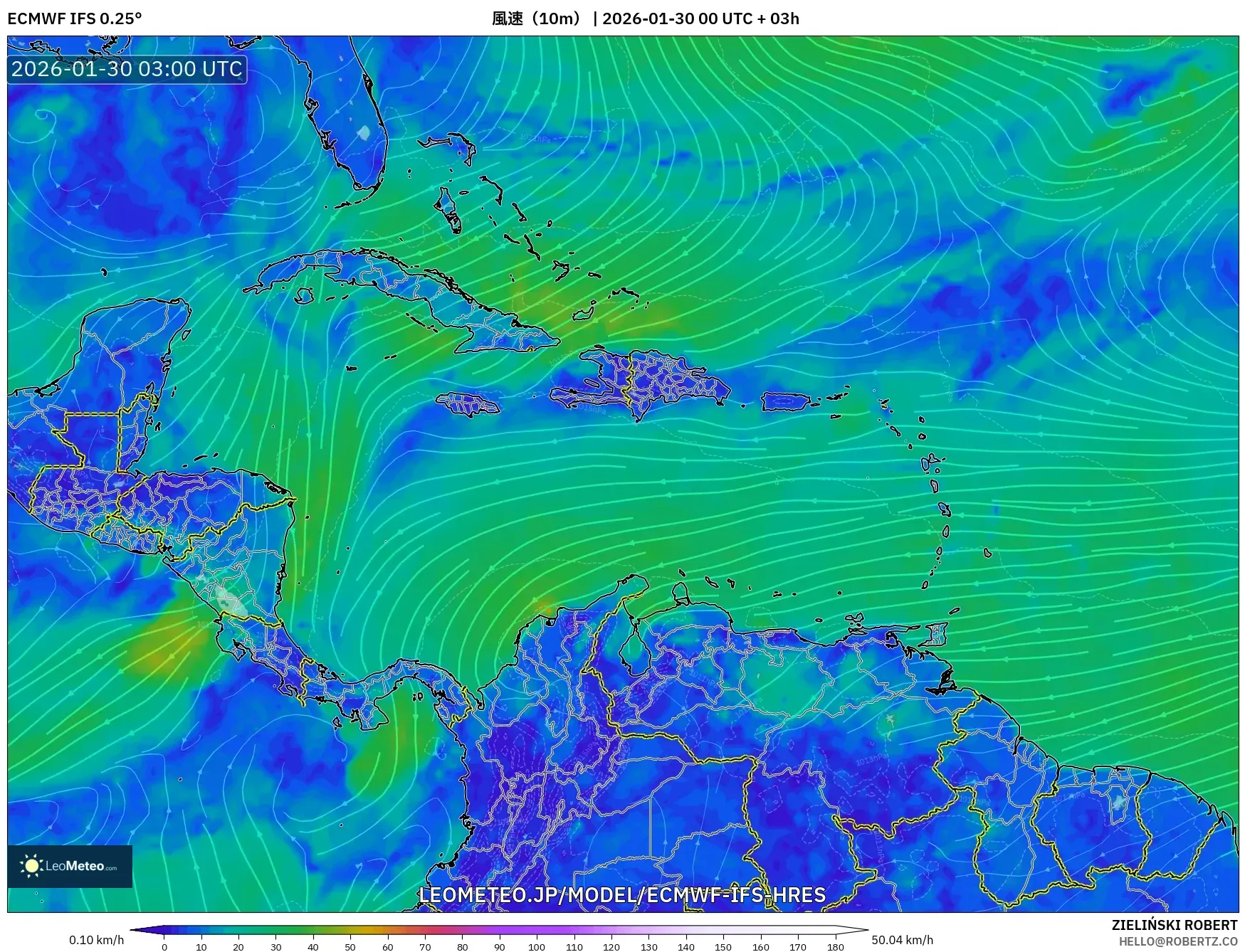 ECMWF IFS 0.25° model - カリブ海, 風速（10m）