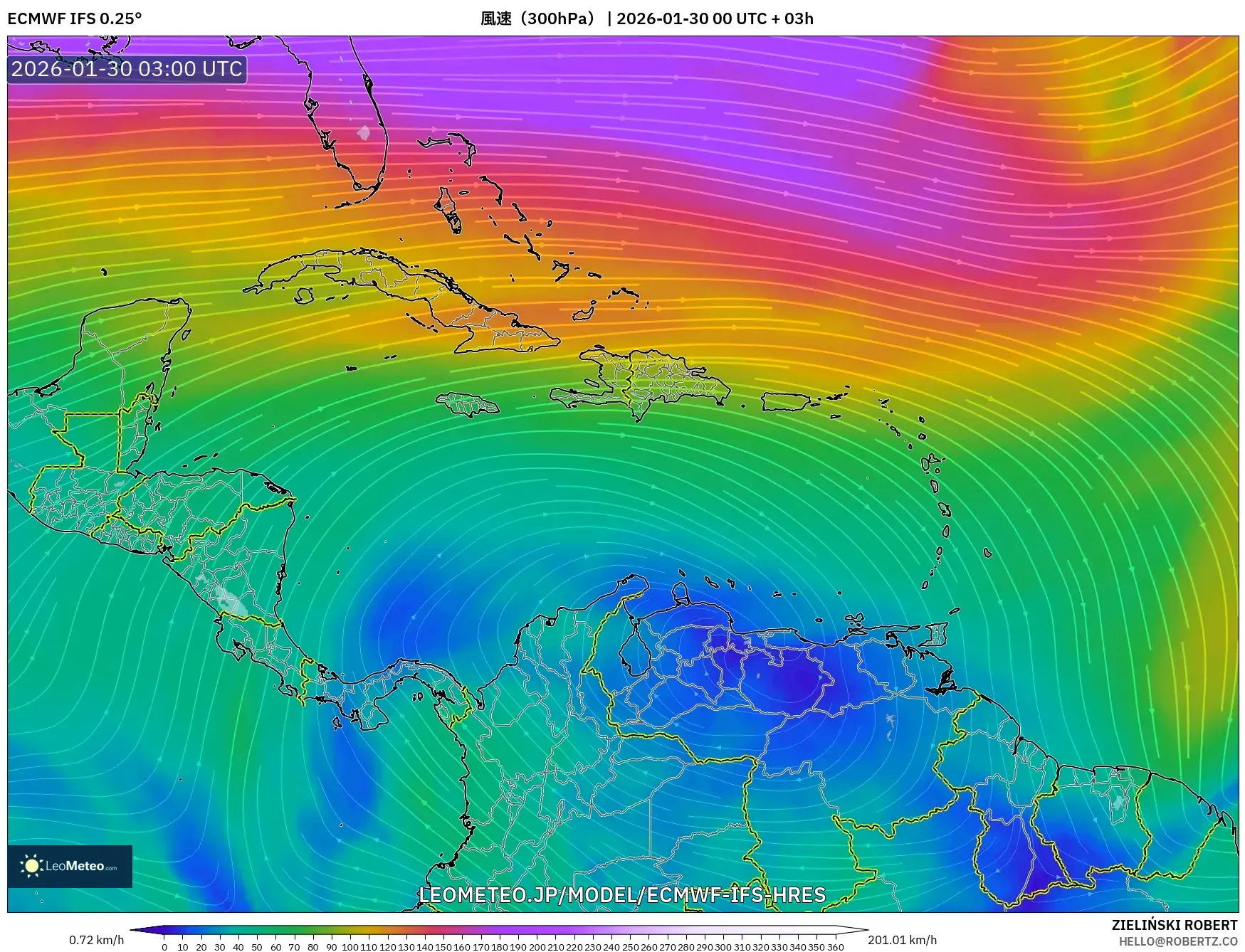 ECMWF IFS 0.25° model - カリブ海, 風速（300hPa）