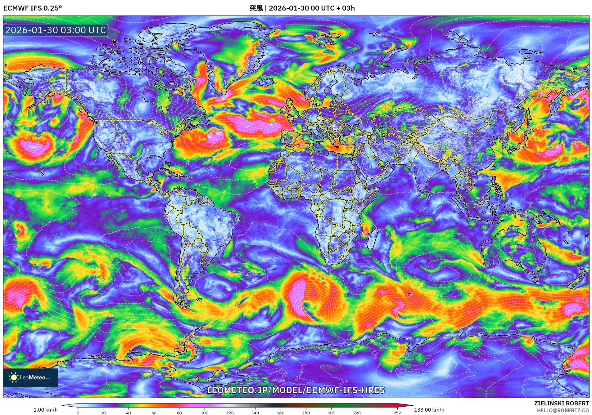 ECMWF IFS 0.25° model - 世界, 突風