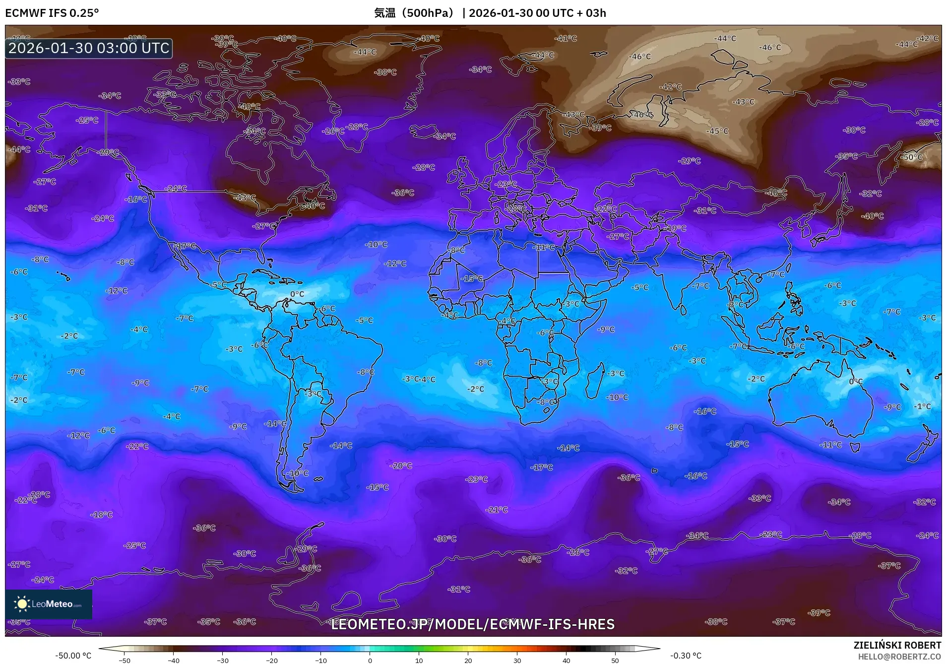 ECMWF IFS 0.25° model - 世界, 気温（500hPa）