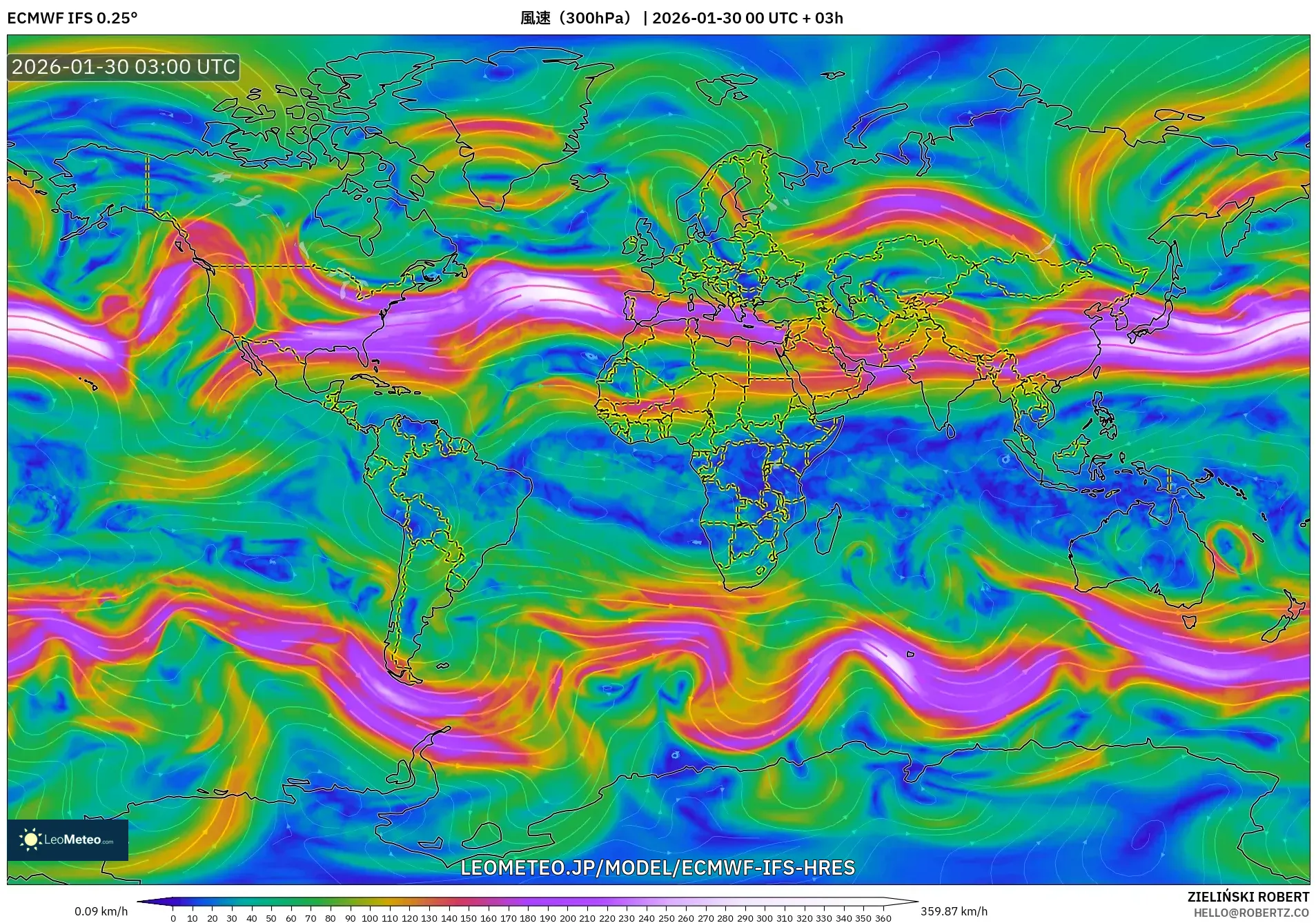 ECMWF IFS 0.25° model - 世界, 風速（300hPa）