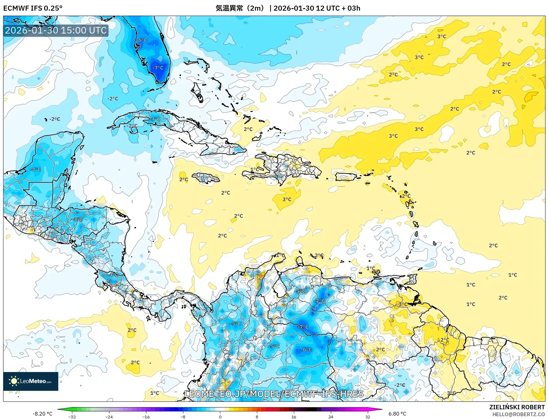 ECMWF IFS 0.25° model - カリブ海, 気温異常（2m）