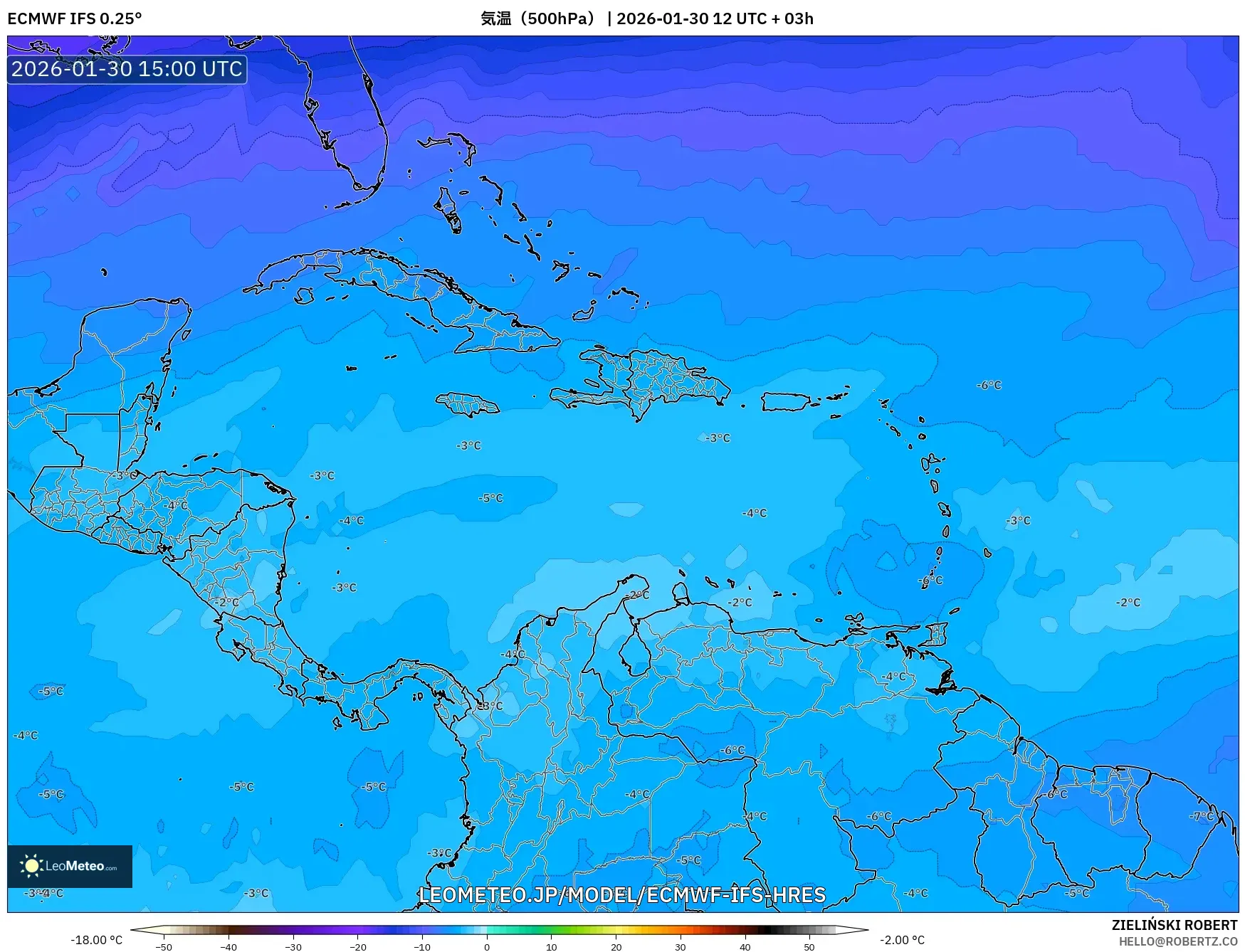 ECMWF IFS 0.25° model - カリブ海, 気温（500hPa）