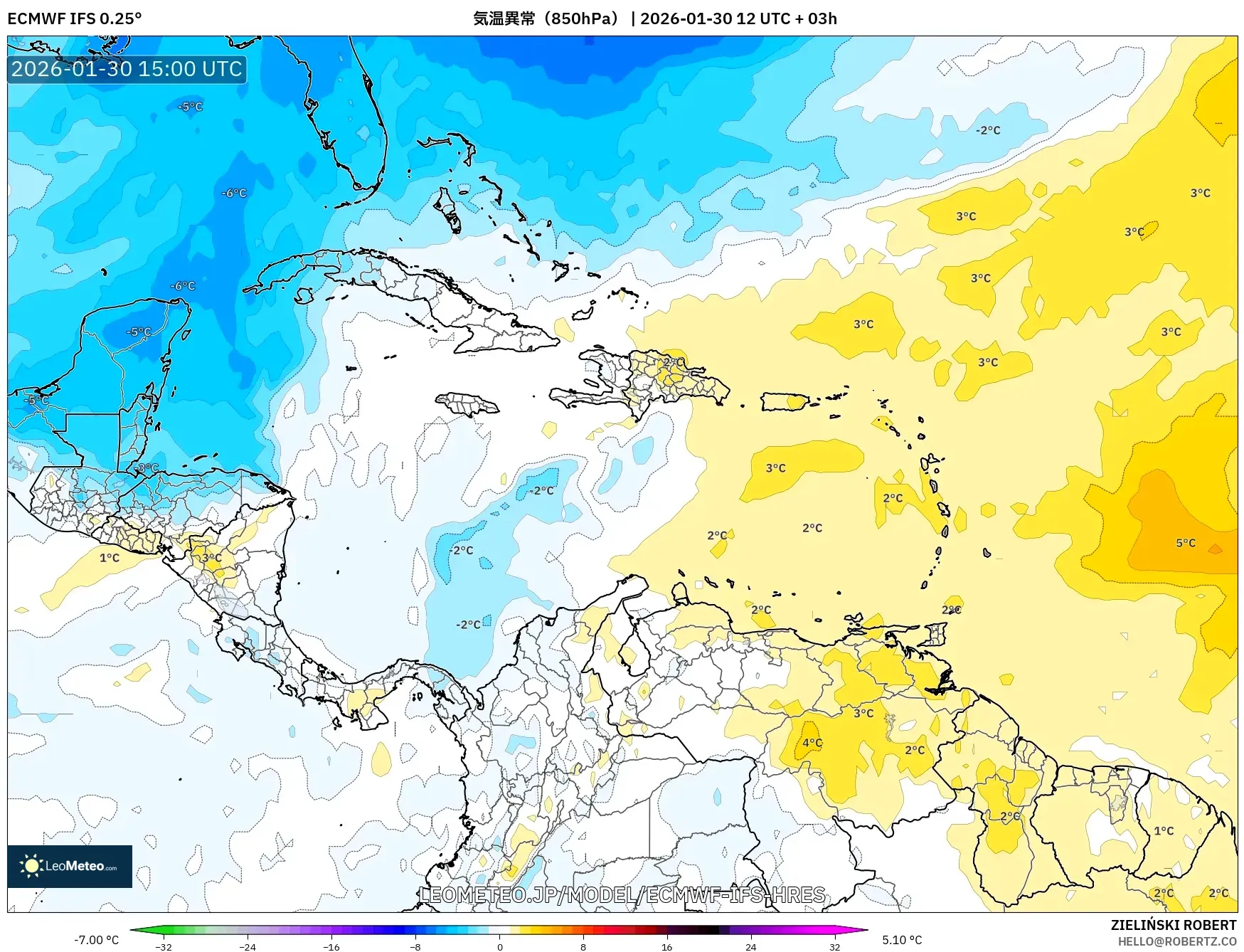 ECMWF IFS 0.25° model - カリブ海, 気温異常（850hPa）