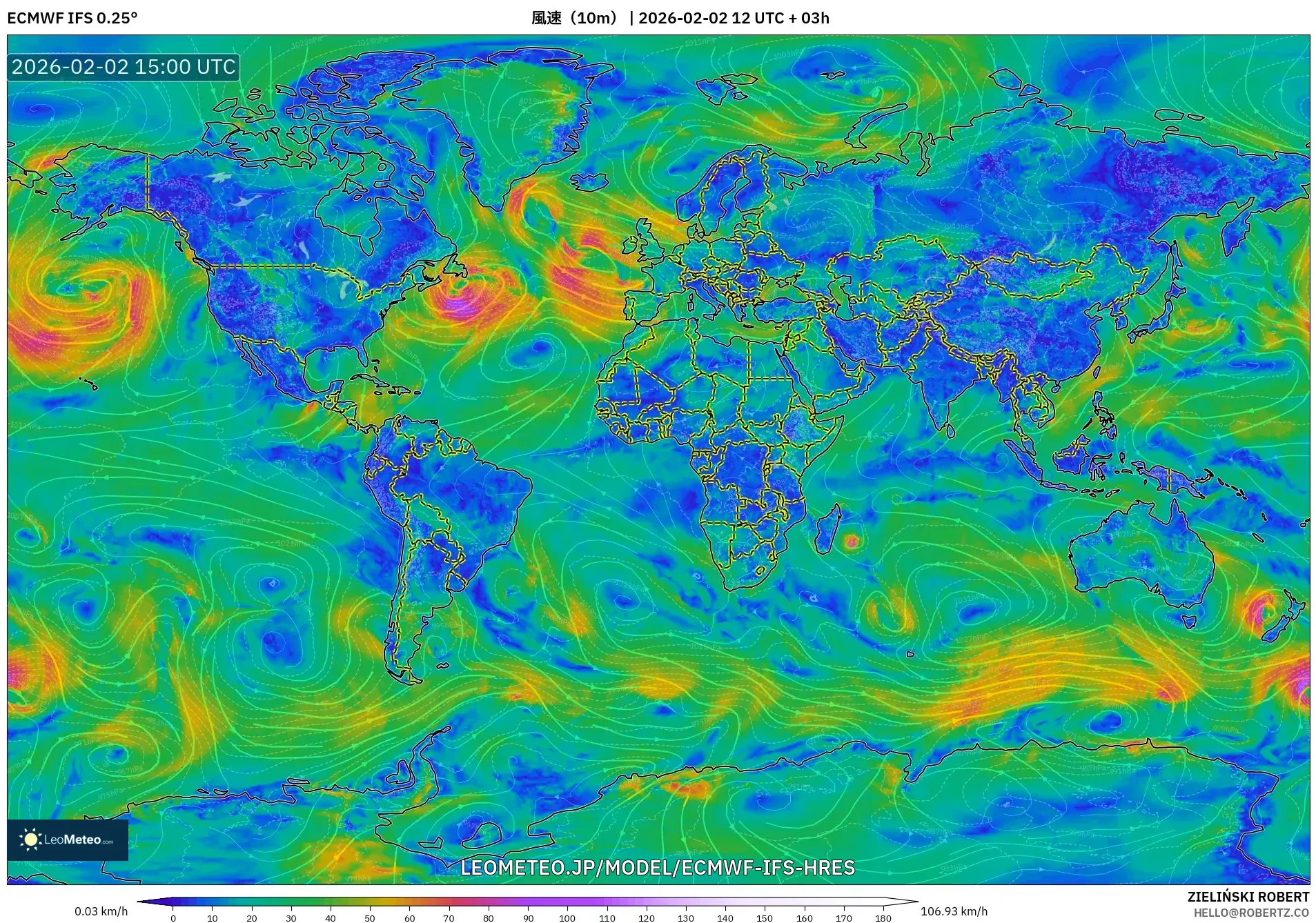 ECMWF IFS 0.25° model - 世界, 風速（10m）