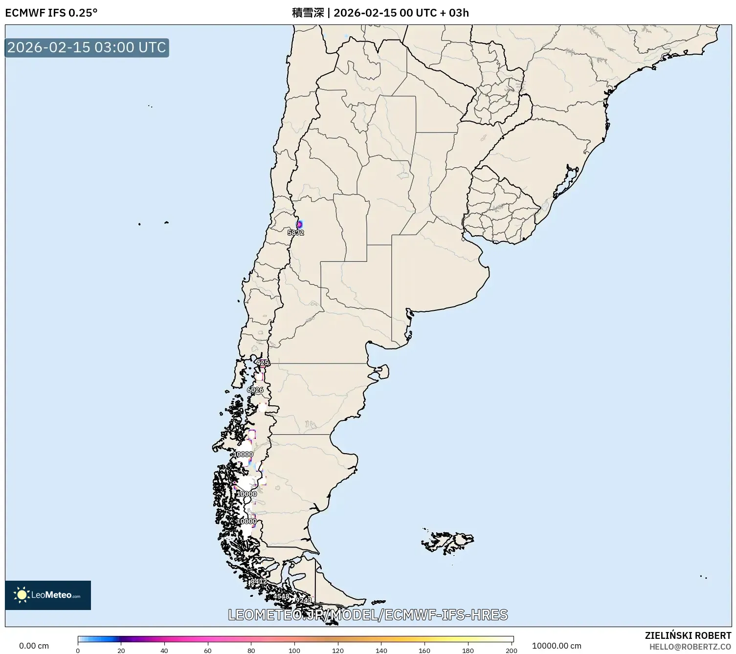 ECMWF IFS 0.25° model - アルゼンチン, 積雪深