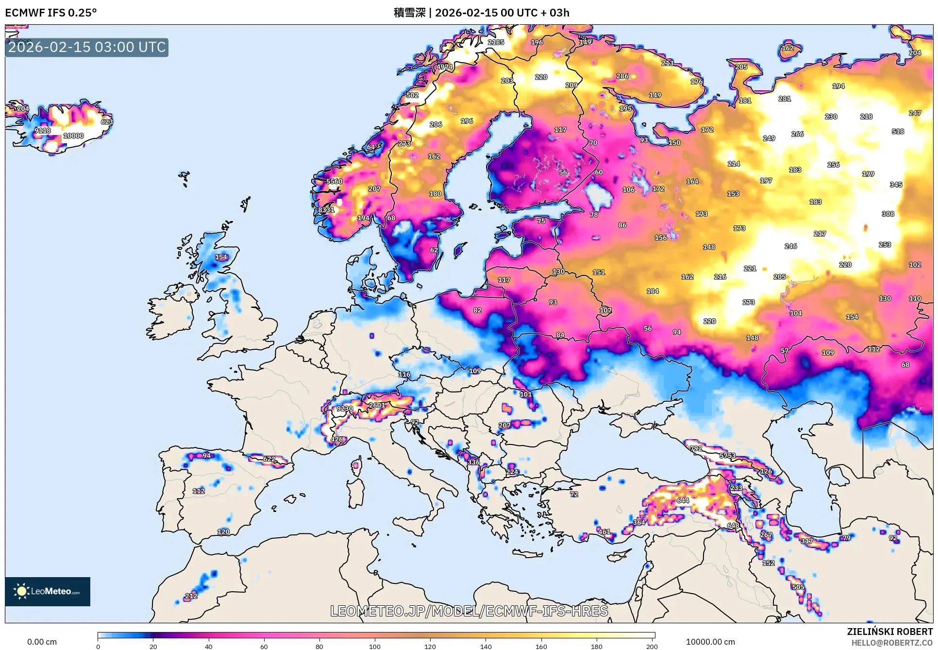 ECMWF IFS 0.25° model - ヨーロッパ, 積雪深