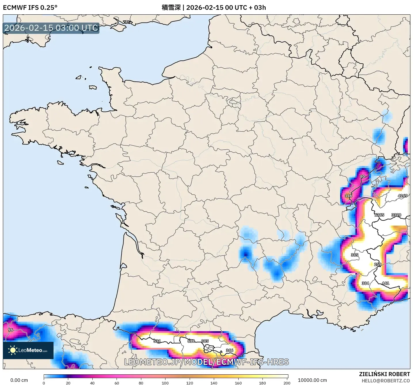 ECMWF IFS 0.25° model - フランス, 積雪深