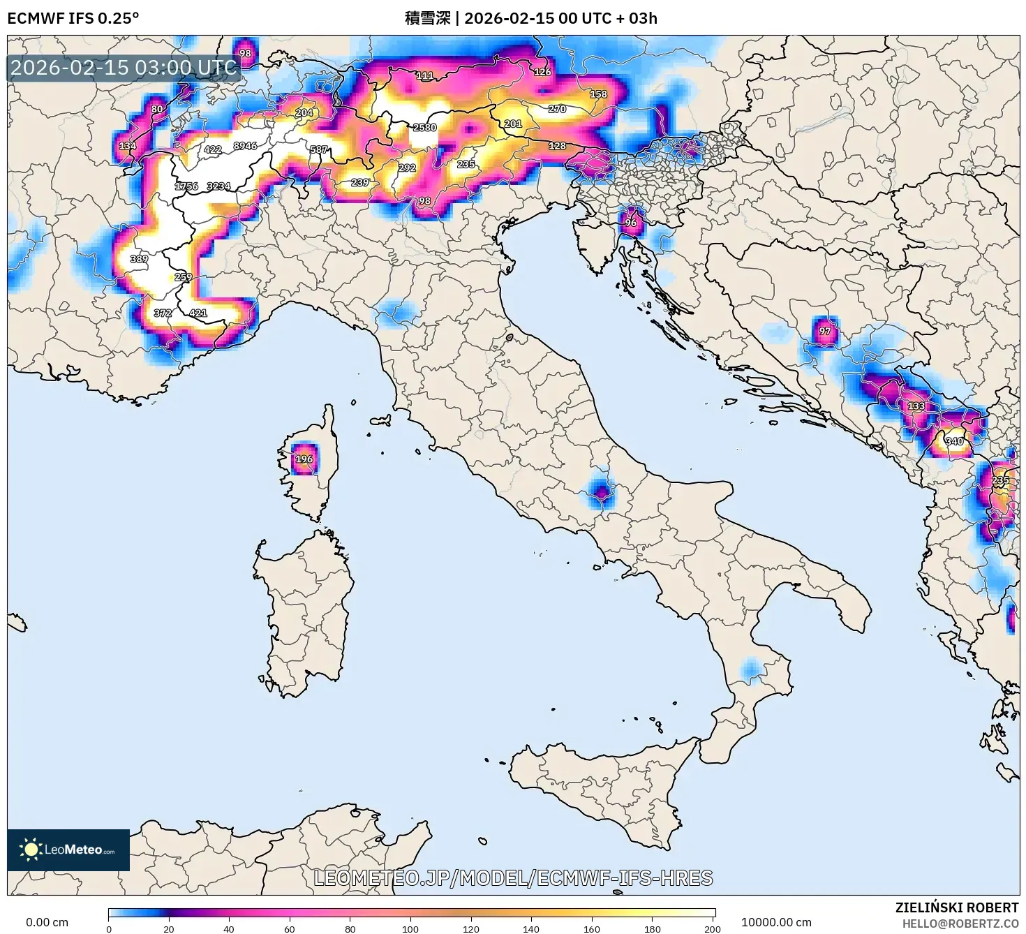 ECMWF IFS 0.25° model - イタリア, 積雪深