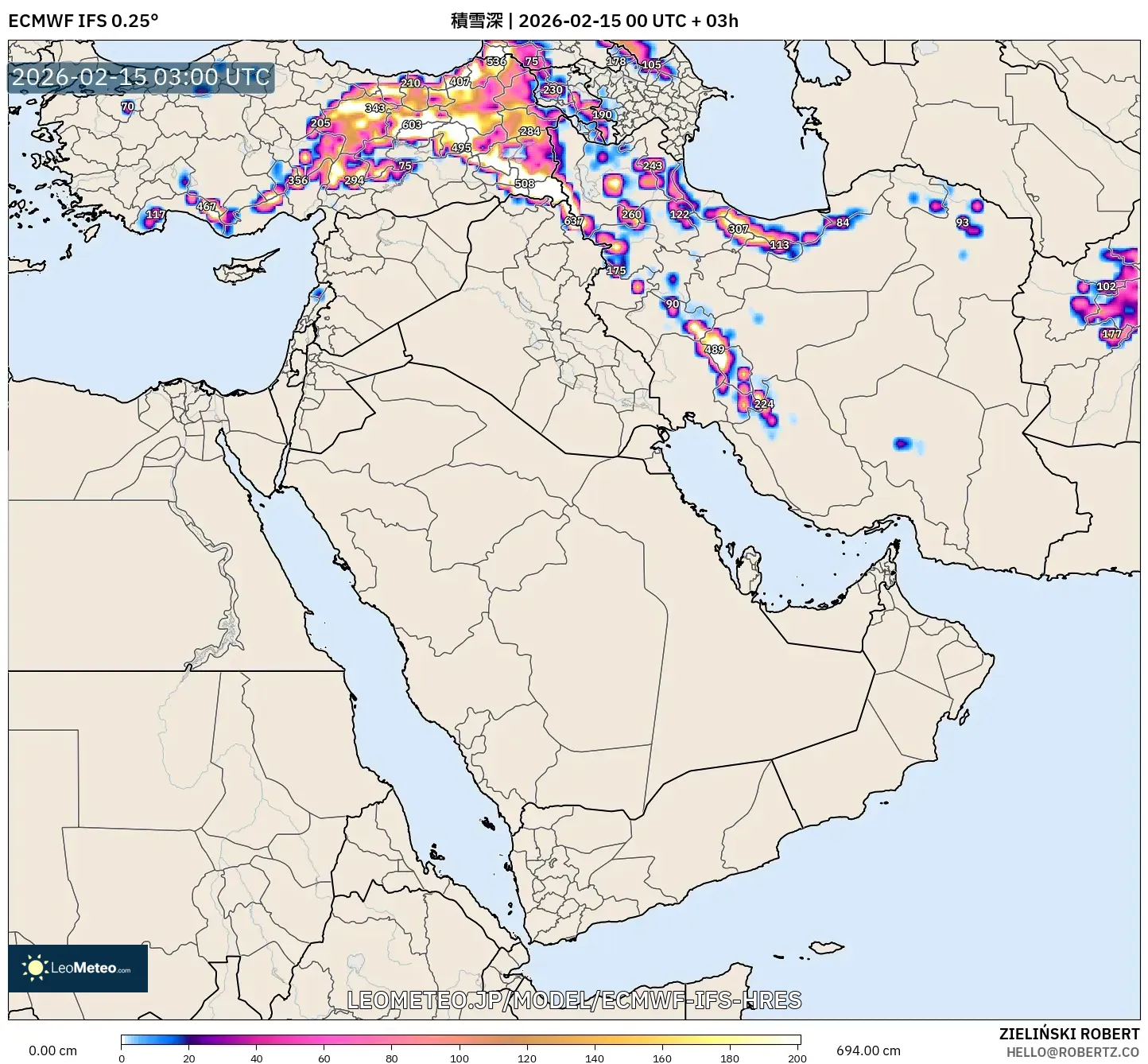ECMWF IFS 0.25° model - 中東, 積雪深