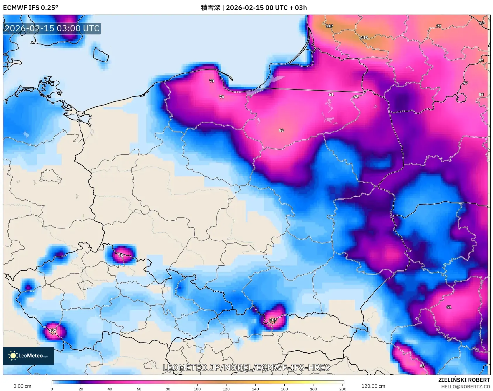 ECMWF IFS 0.25° model - ポーランド, 積雪深
