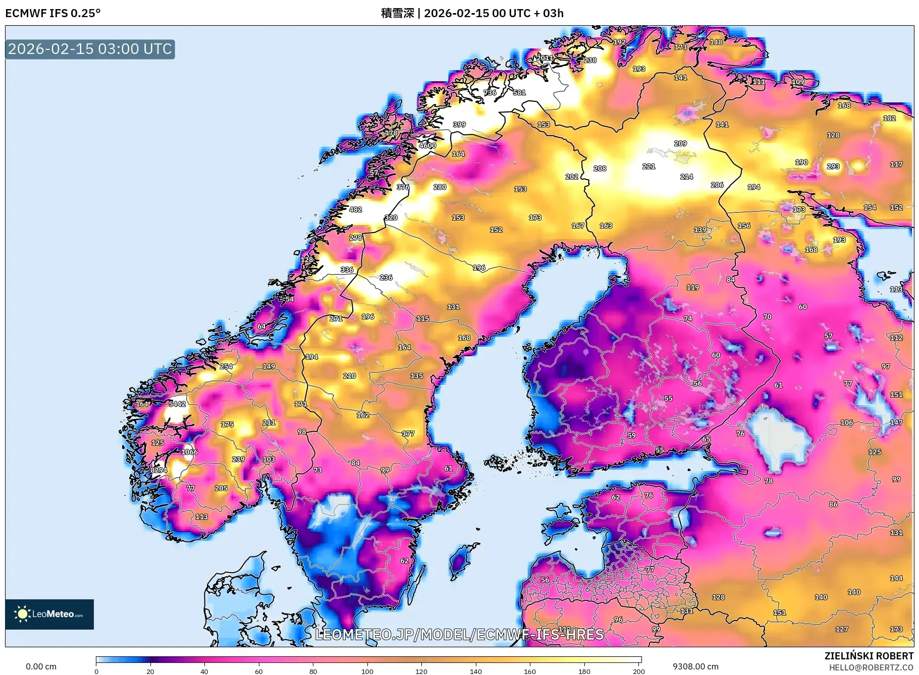 ECMWF IFS 0.25° model - スカンジナビア, 積雪深
