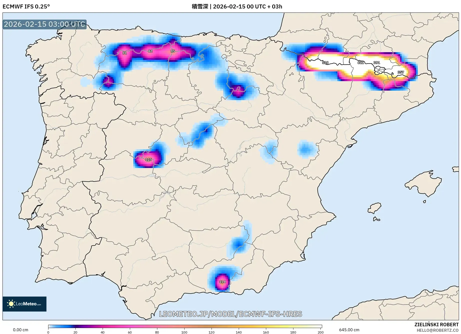 ECMWF IFS 0.25° model - スペイン, 積雪深