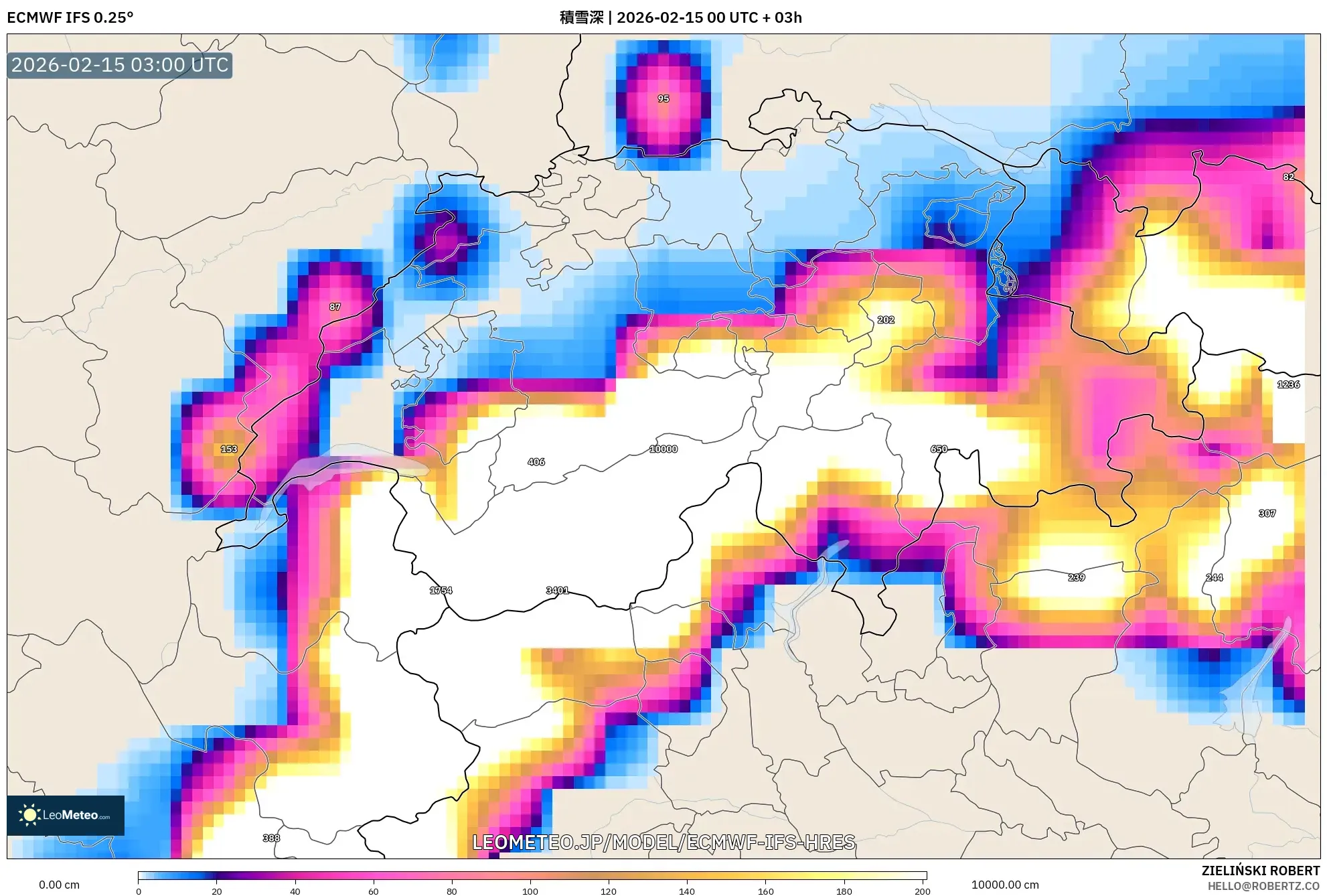 ECMWF IFS 0.25° model - スイス, 積雪深