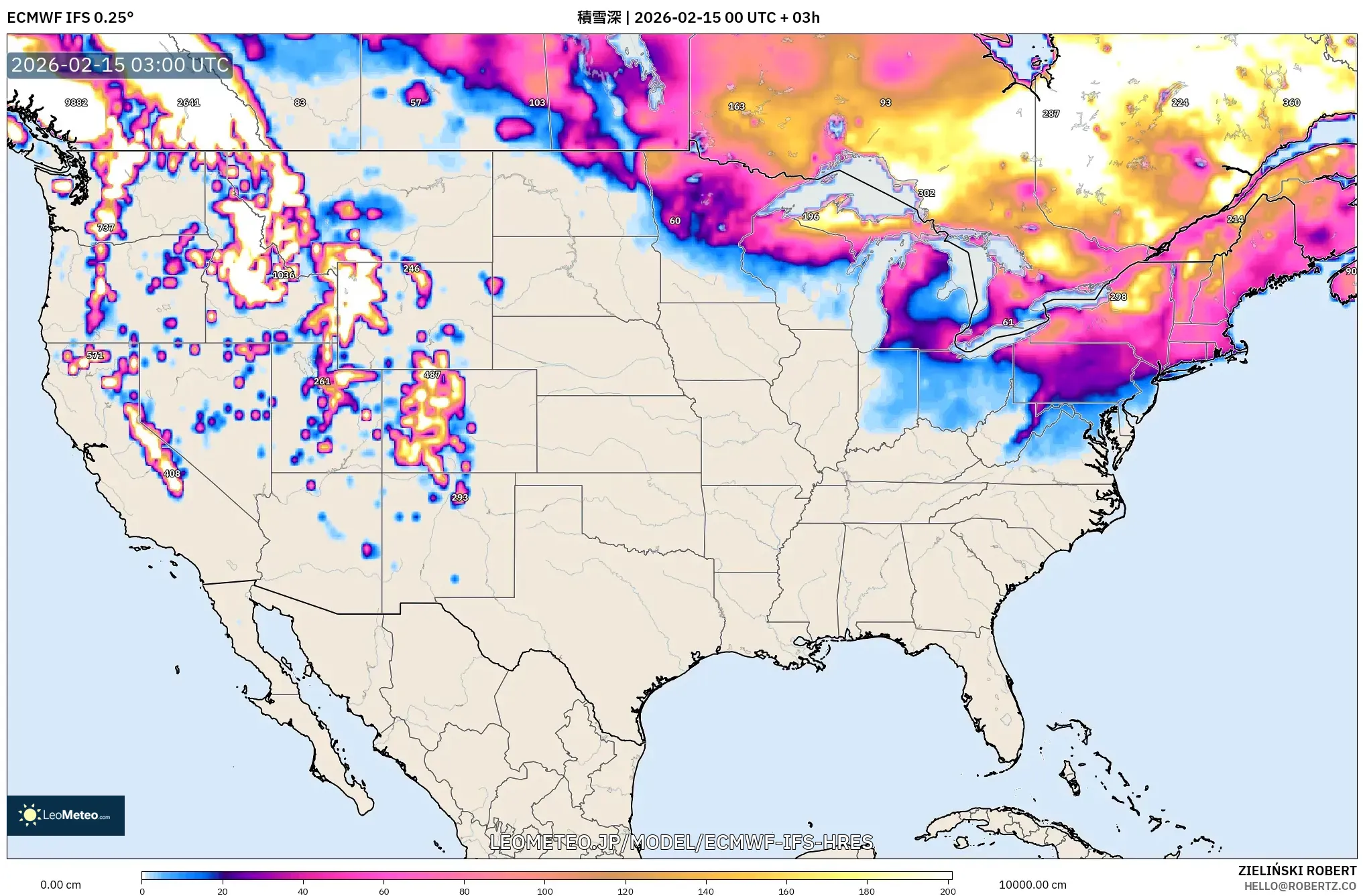 ECMWF IFS 0.25° model - アメリカ合衆国, 積雪深