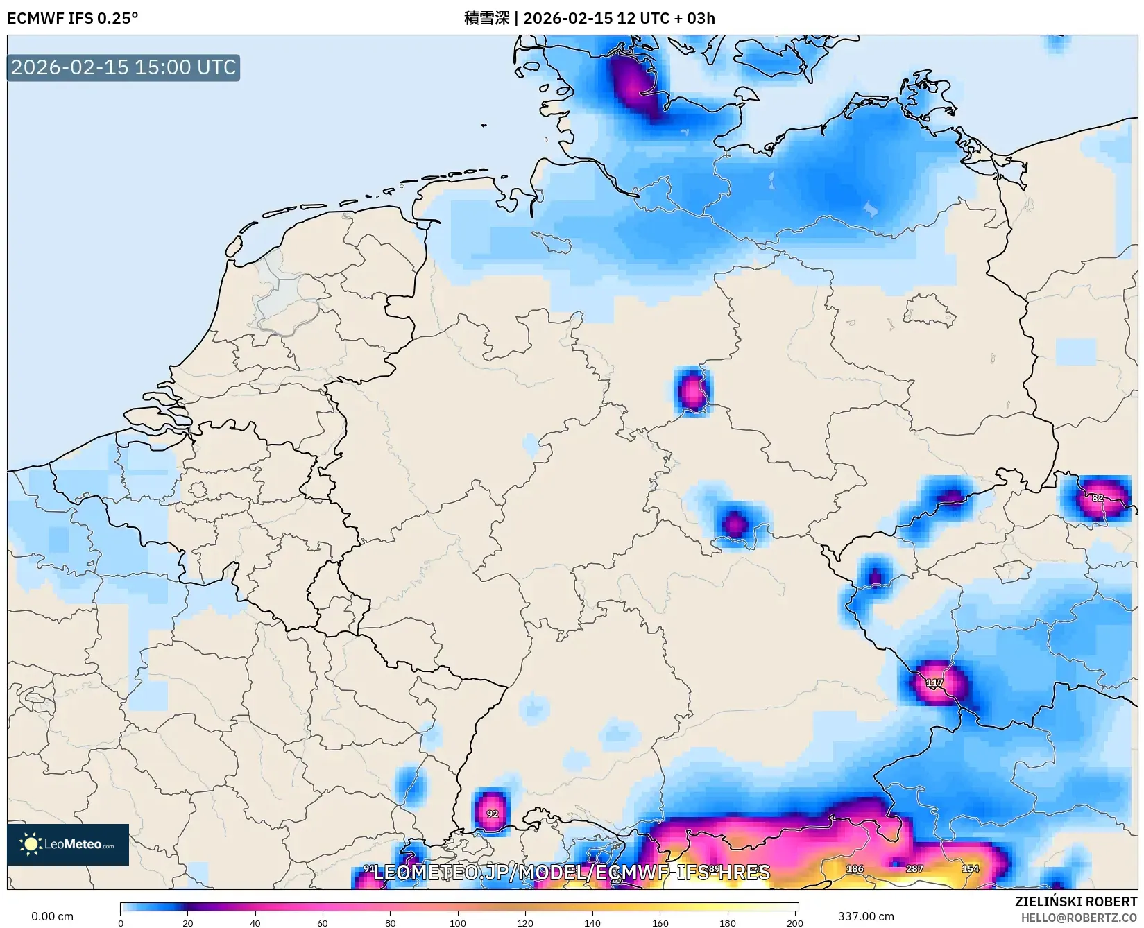 ECMWF IFS 0.25° model - ドイツ, 積雪深