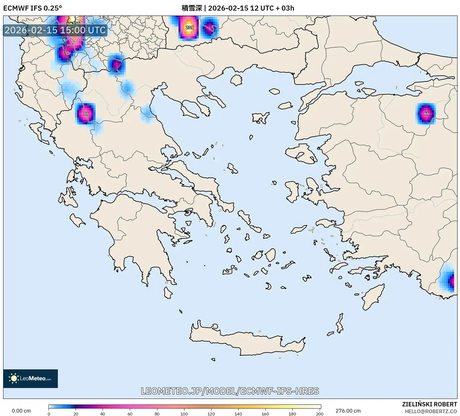 ECMWF IFS 0.25° model - ギリシャ, 積雪深