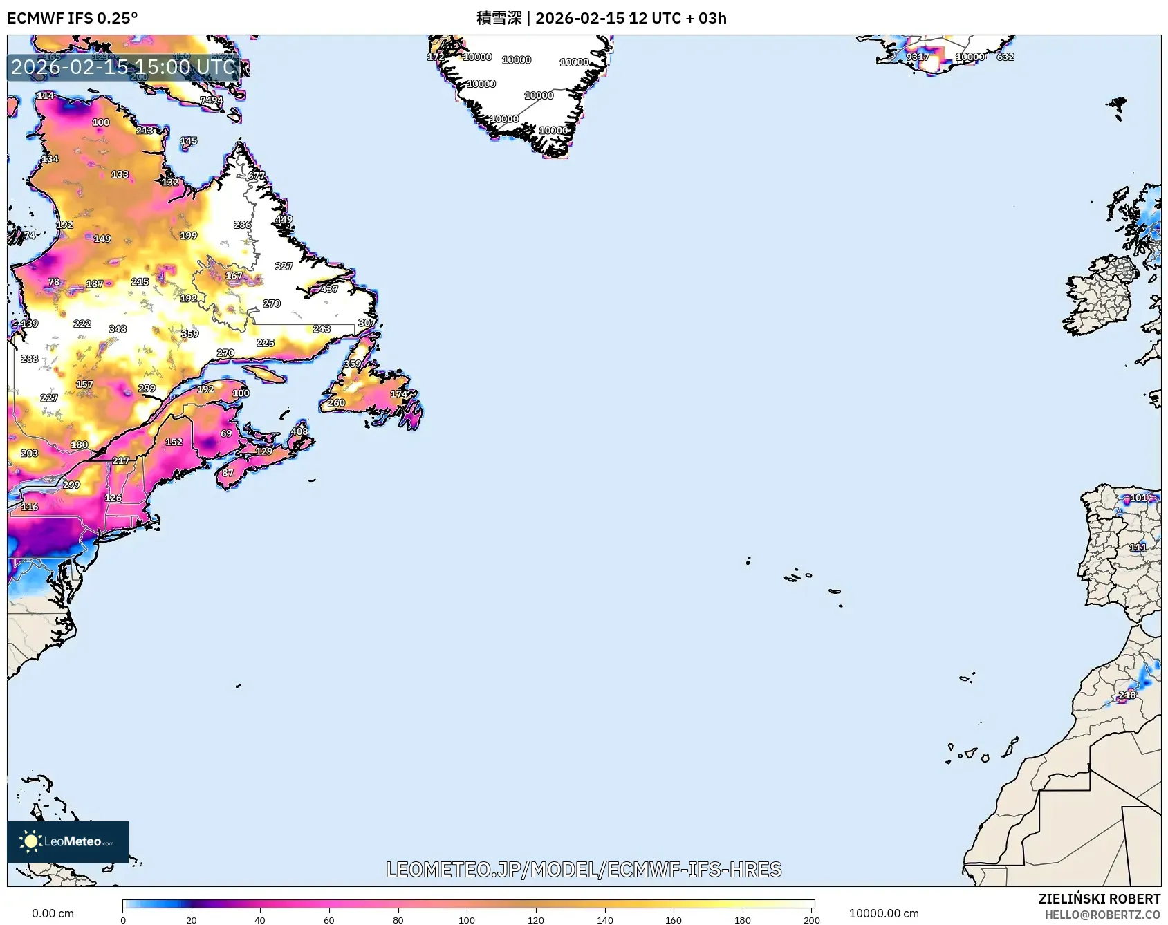 ECMWF IFS 0.25° model - 北大西洋, 積雪深