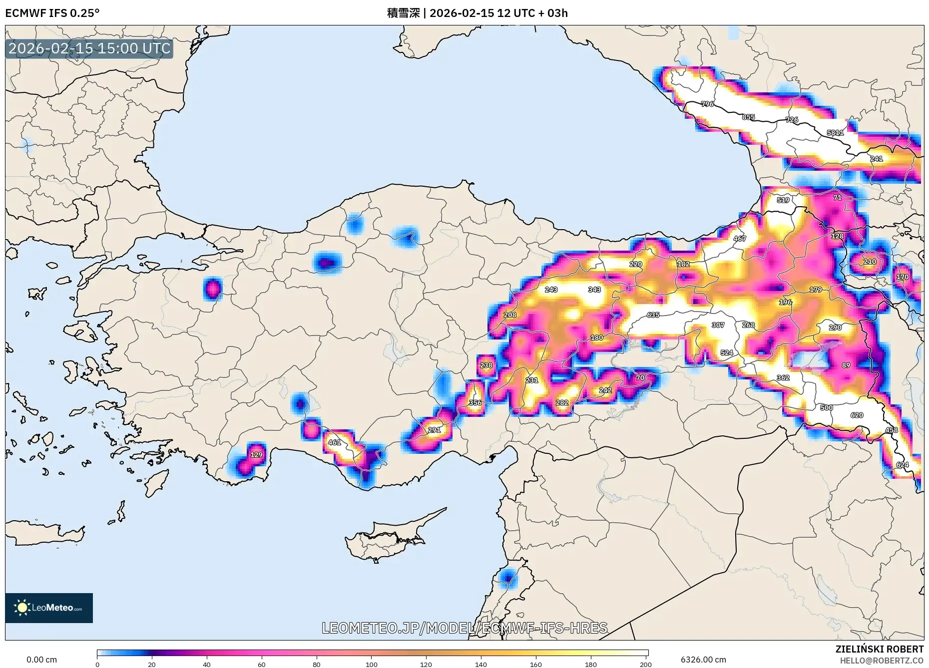 ECMWF IFS 0.25° model - トルコ, 積雪深