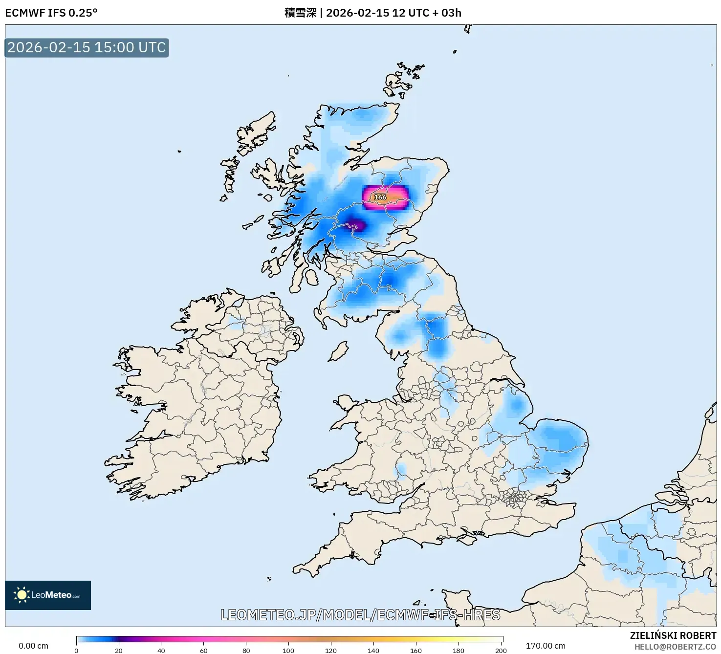 ECMWF IFS 0.25° model - イギリス, 積雪深