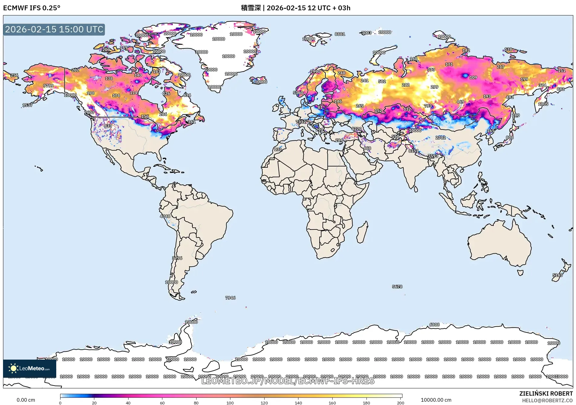ECMWF IFS 0.25° model - 世界, 積雪深