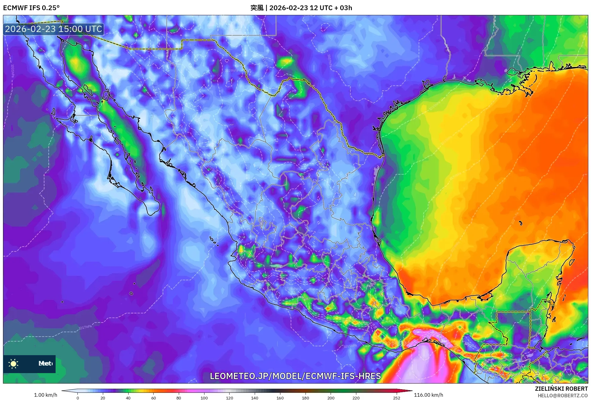 ECMWF IFS 0.25° model - メキシコ, 突風