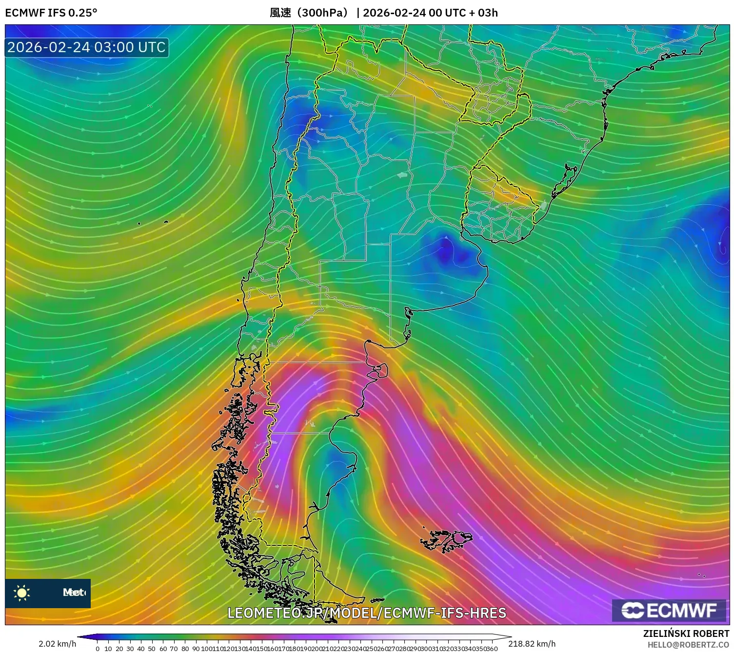 ECMWF IFS 0.25° model - アルゼンチン, 風速（300hPa）