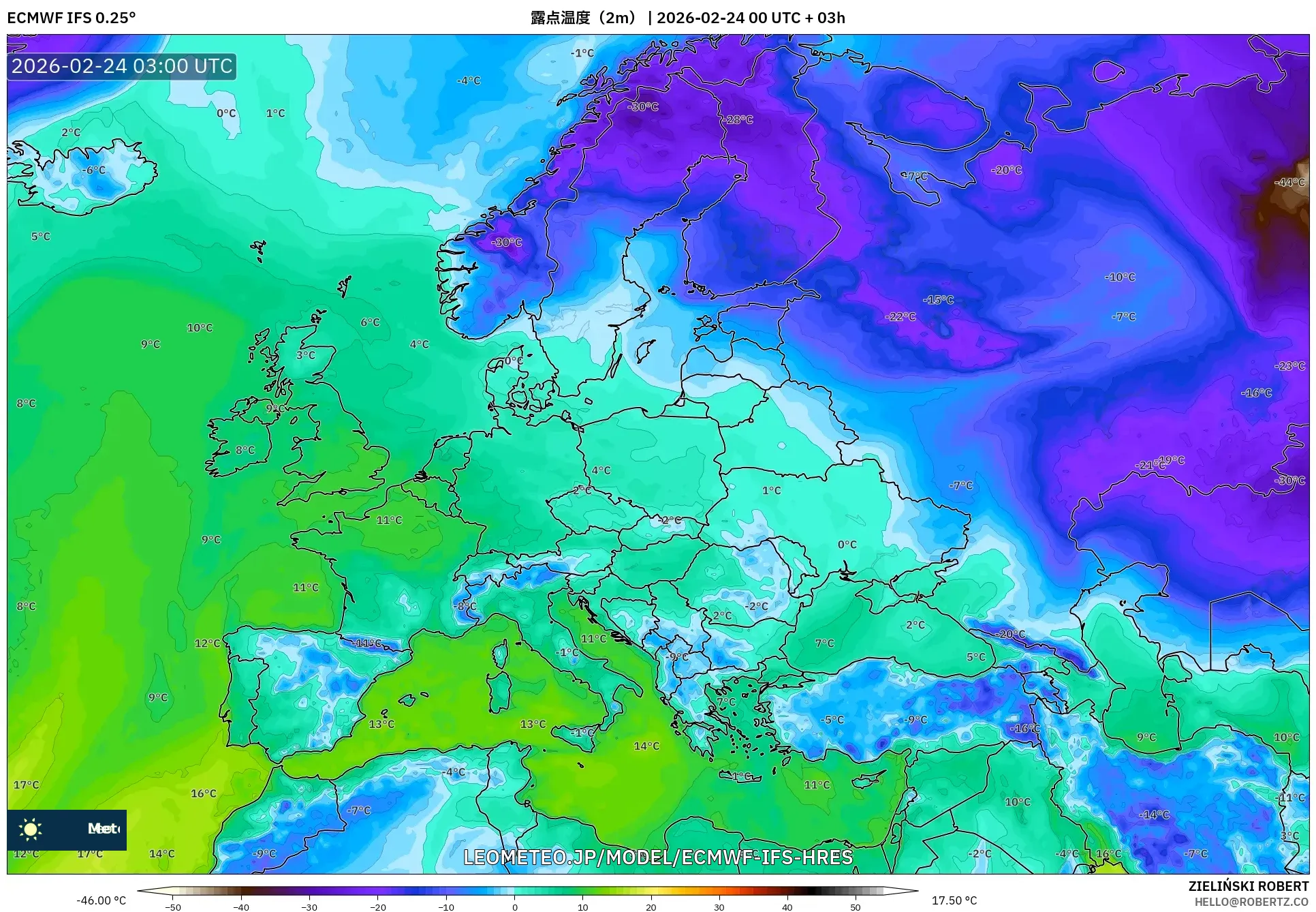 ECMWF IFS 0.25° model - ヨーロッパ, 露点温度（2m）