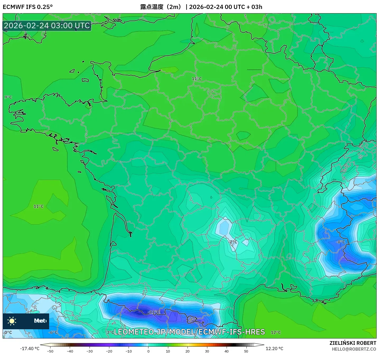 ECMWF IFS 0.25° model - フランス, 露点温度（2m）