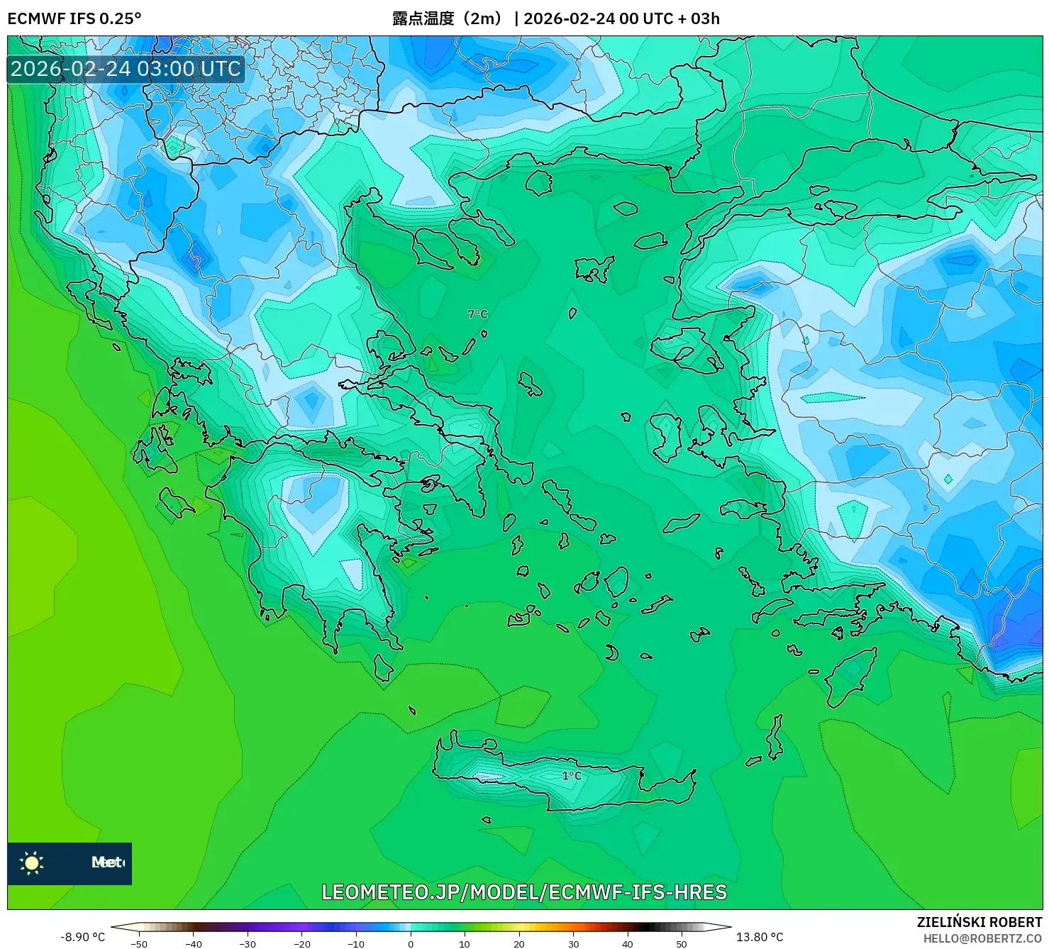 ECMWF IFS 0.25° model - ギリシャ, 露点温度（2m）