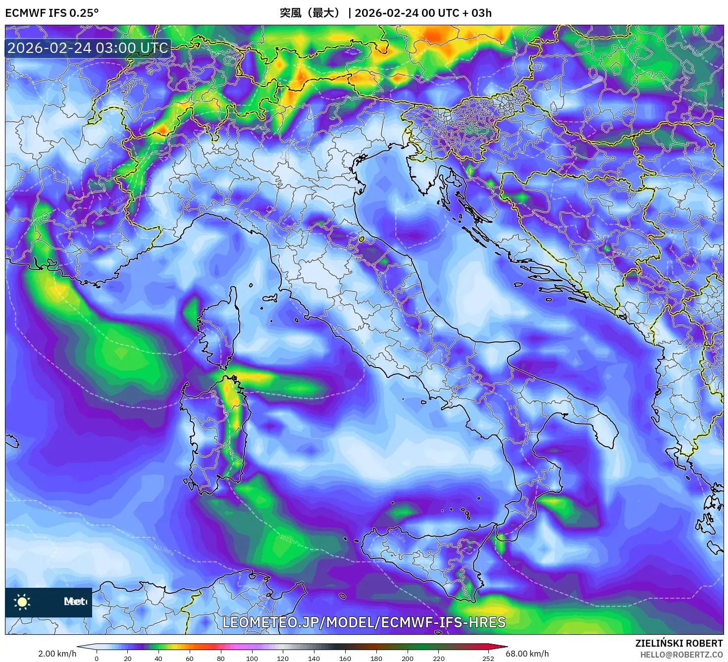 ECMWF IFS 0.25° model - イタリア, 突風（最大）