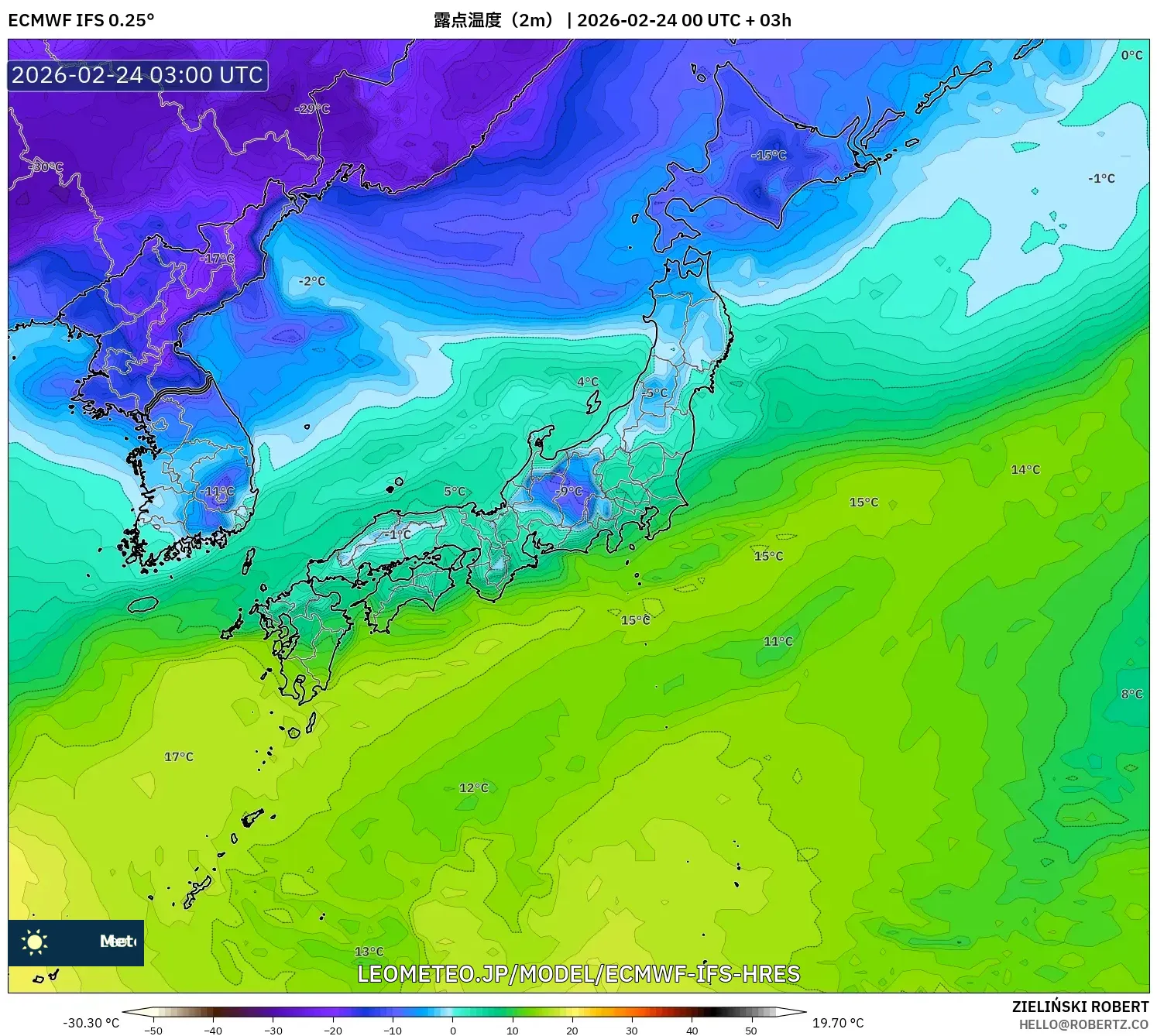ECMWF IFS 0.25° model - 日本, 露点温度（2m）