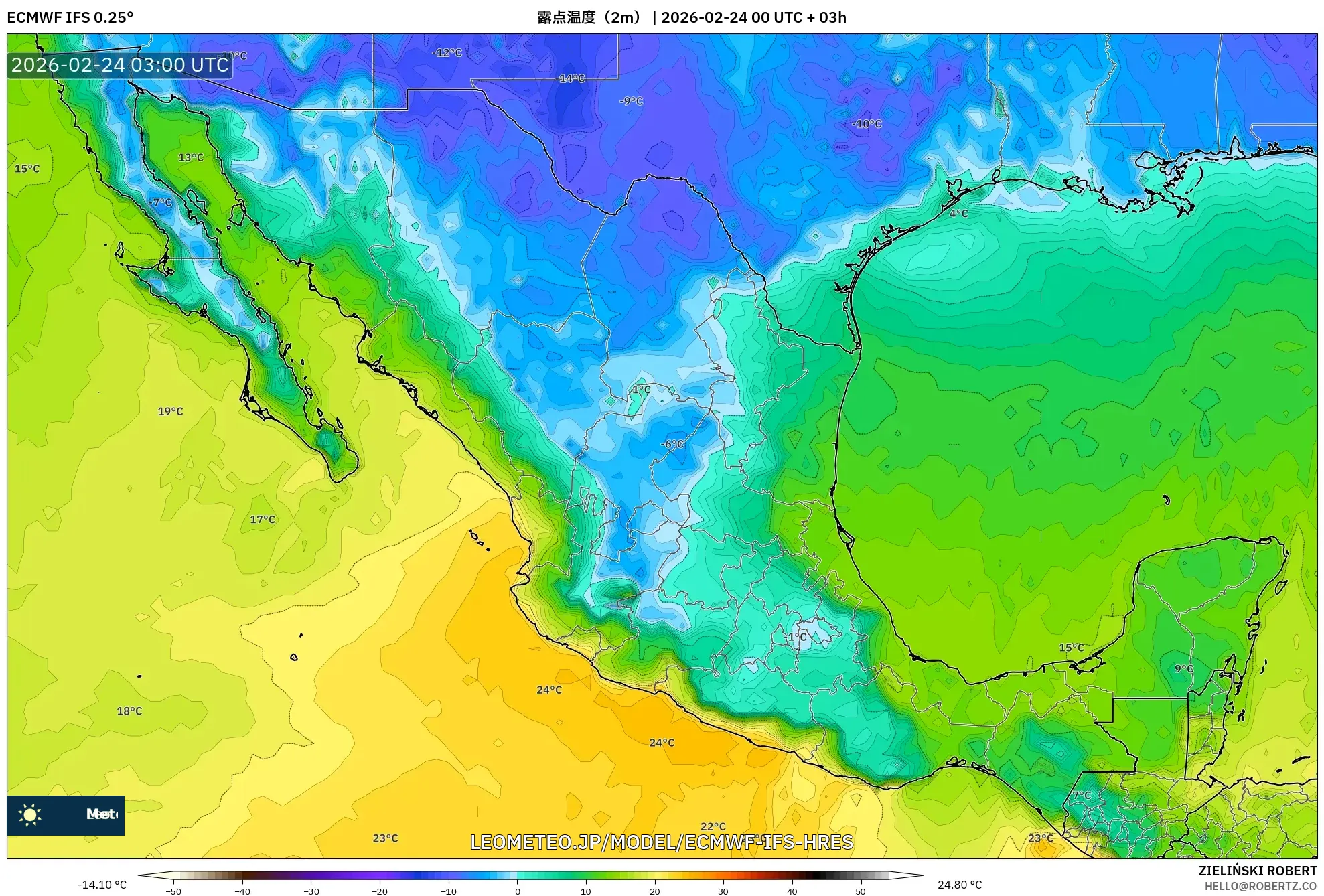 ECMWF IFS 0.25° model - メキシコ, 露点温度（2m）