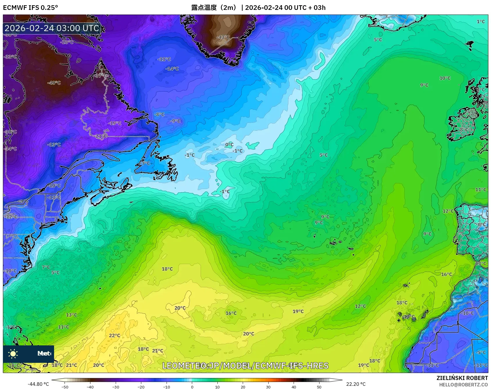ECMWF IFS 0.25° model - 北大西洋, 露点温度（2m）