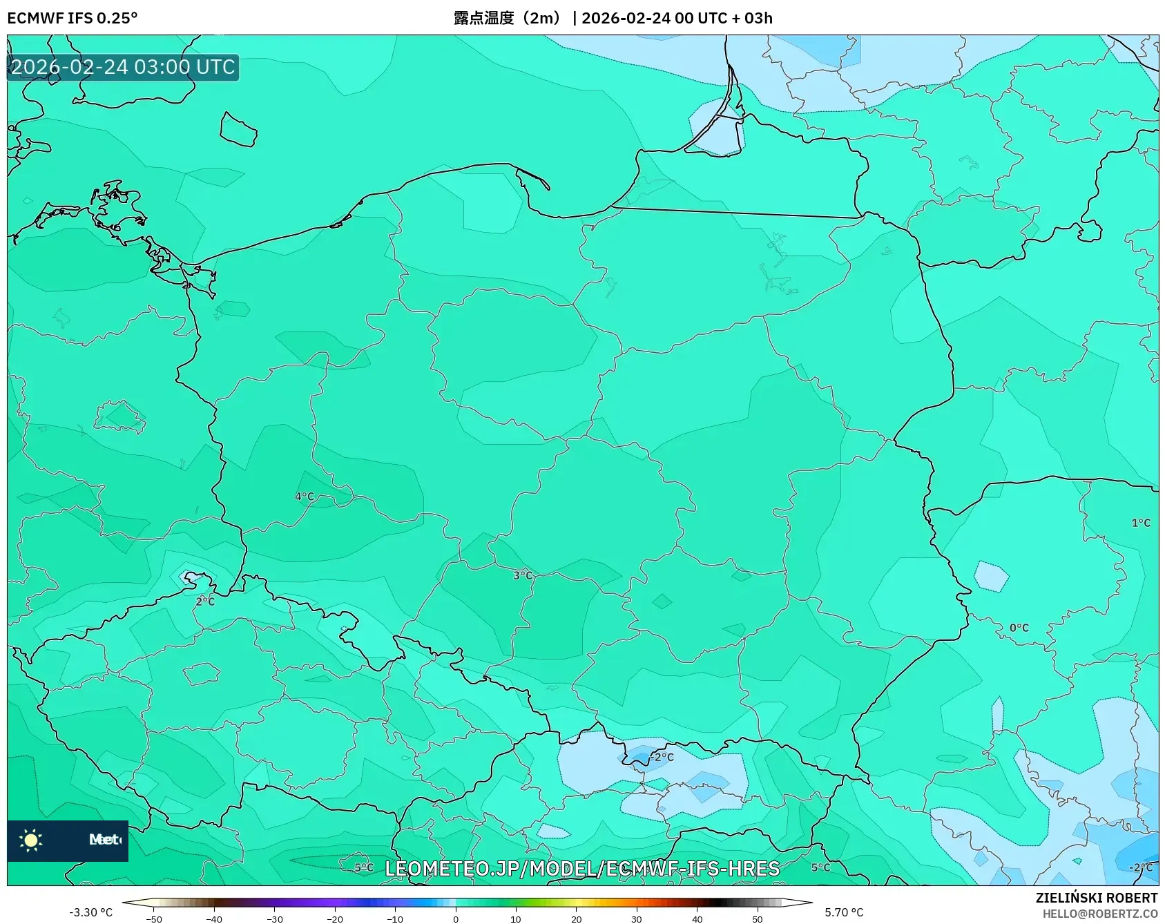 ECMWF IFS 0.25° model - ポーランド, 露点温度（2m）