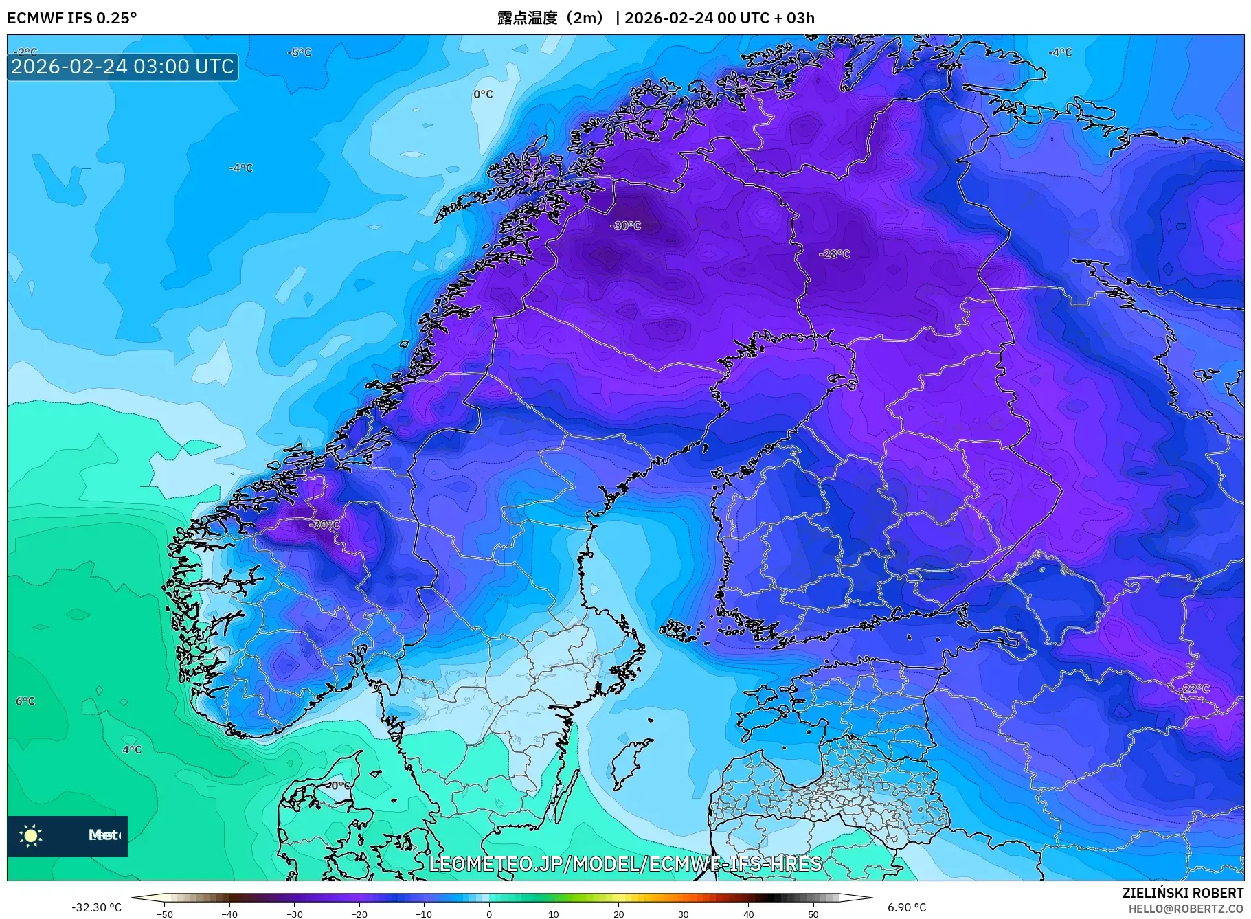 ECMWF IFS 0.25° model - スカンジナビア, 露点温度（2m）