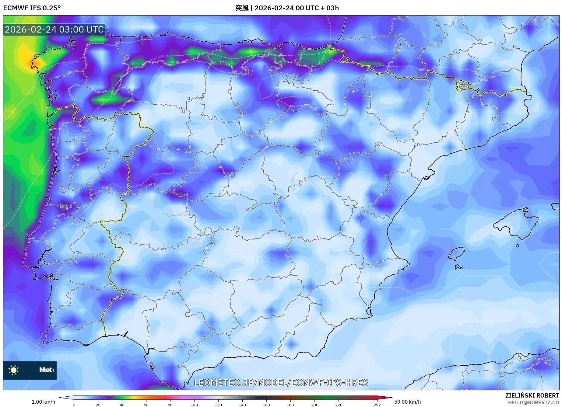 ECMWF IFS 0.25° model - スペイン, 突風