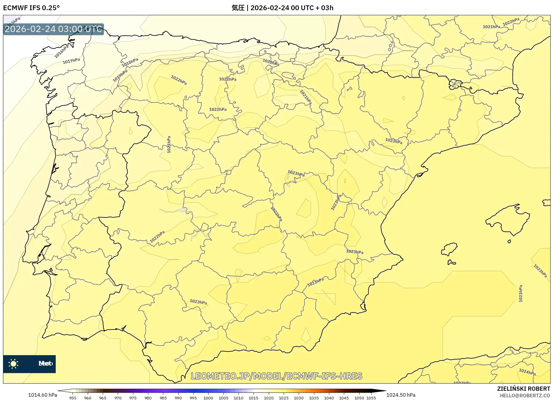 ECMWF IFS 0.25° model - スペイン, 気圧