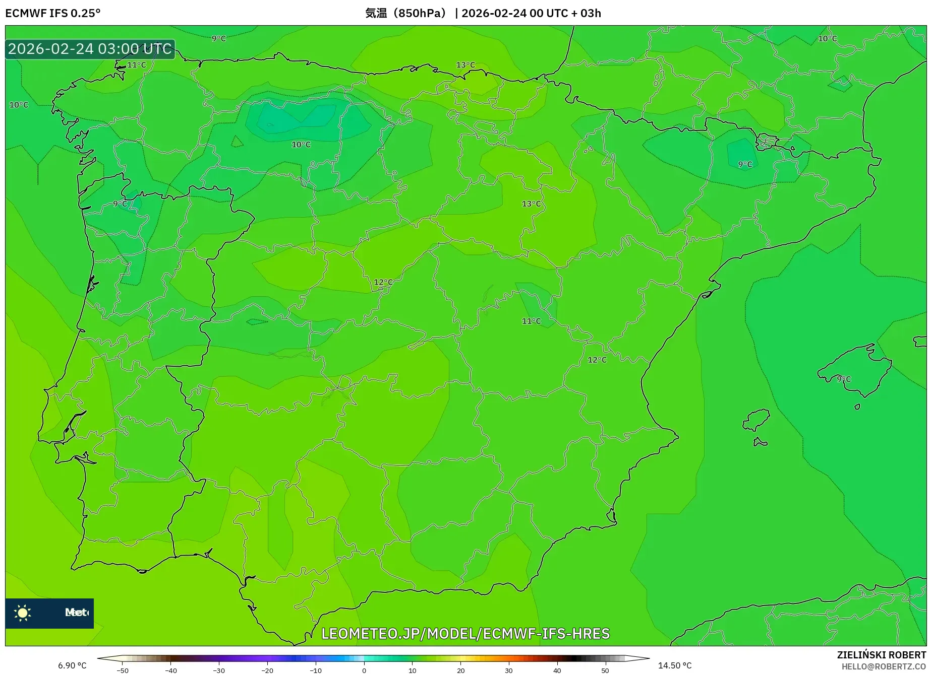 ECMWF IFS 0.25° model - スペイン, 気温（850hPa）