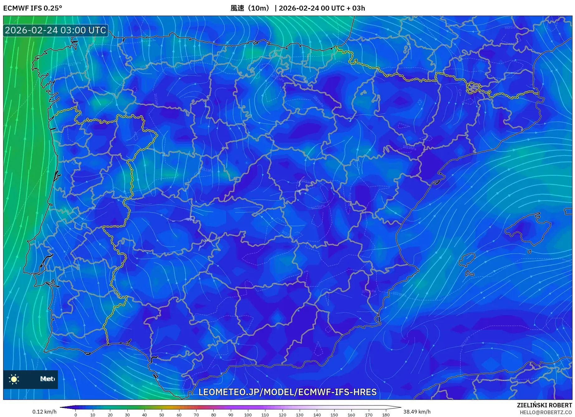ECMWF IFS 0.25° model - スペイン, 風速（10m）