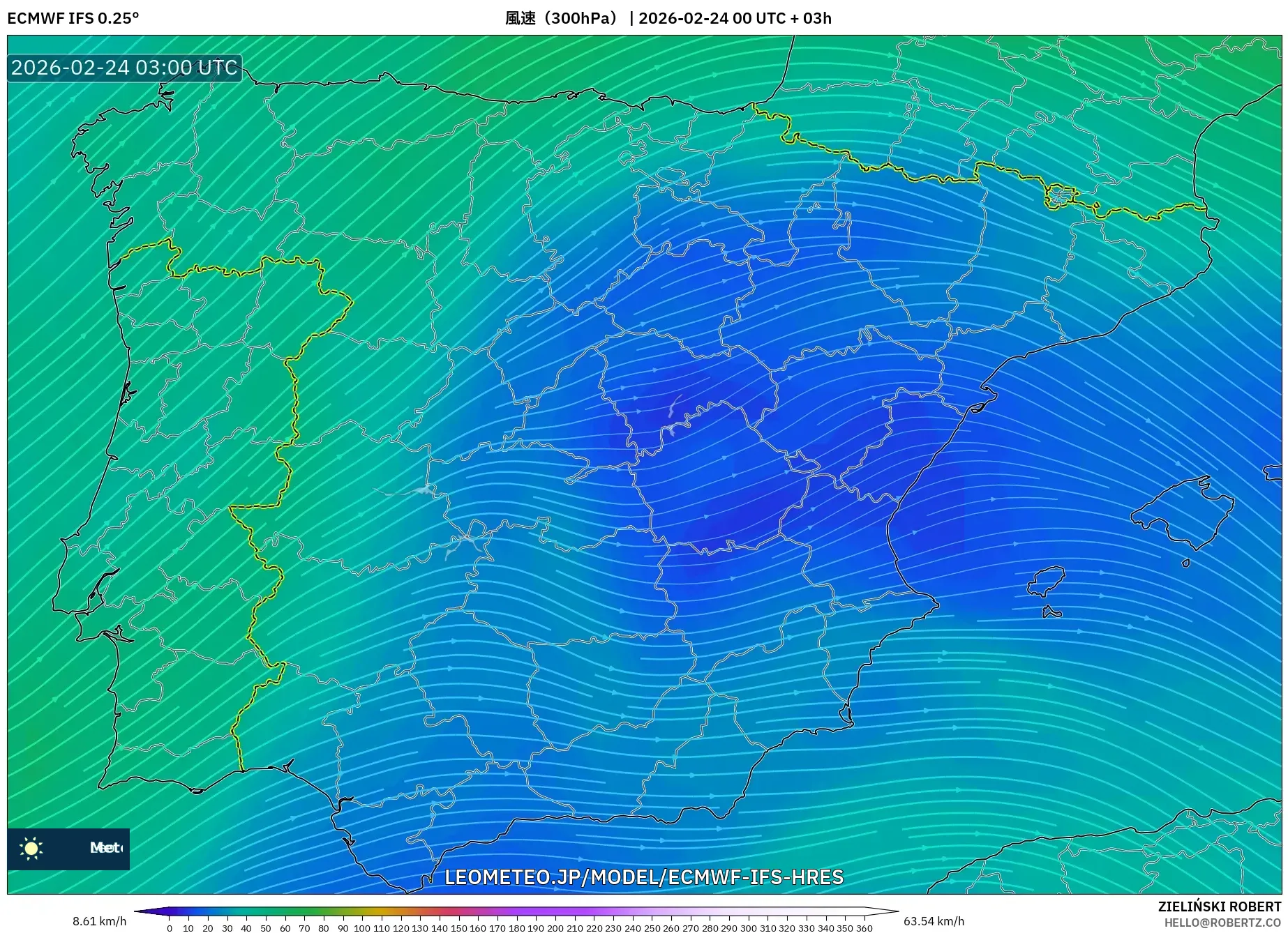 ECMWF IFS 0.25° model - スペイン, 風速（300hPa）