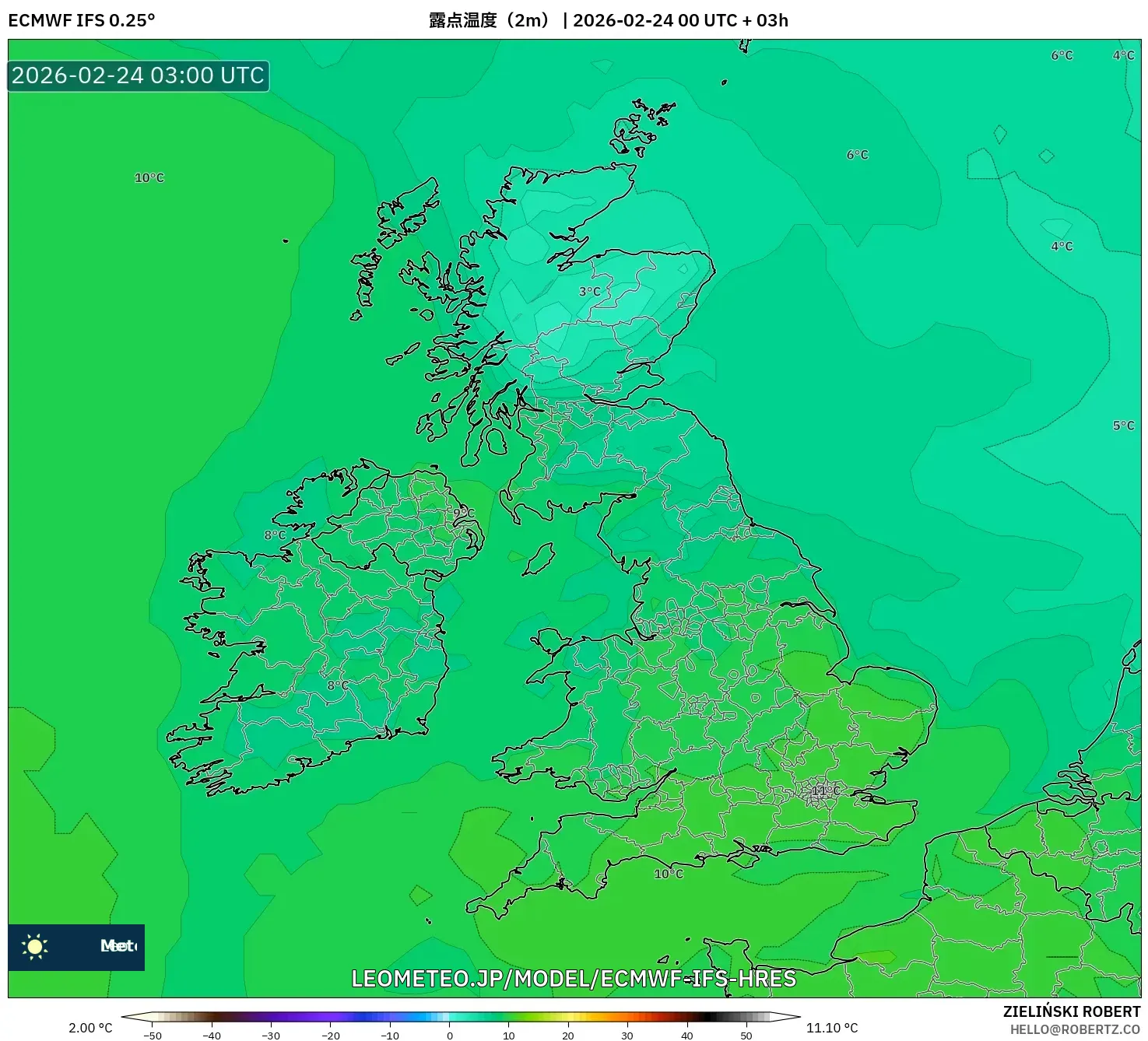 ECMWF IFS 0.25° model - イギリス, 露点温度（2m）